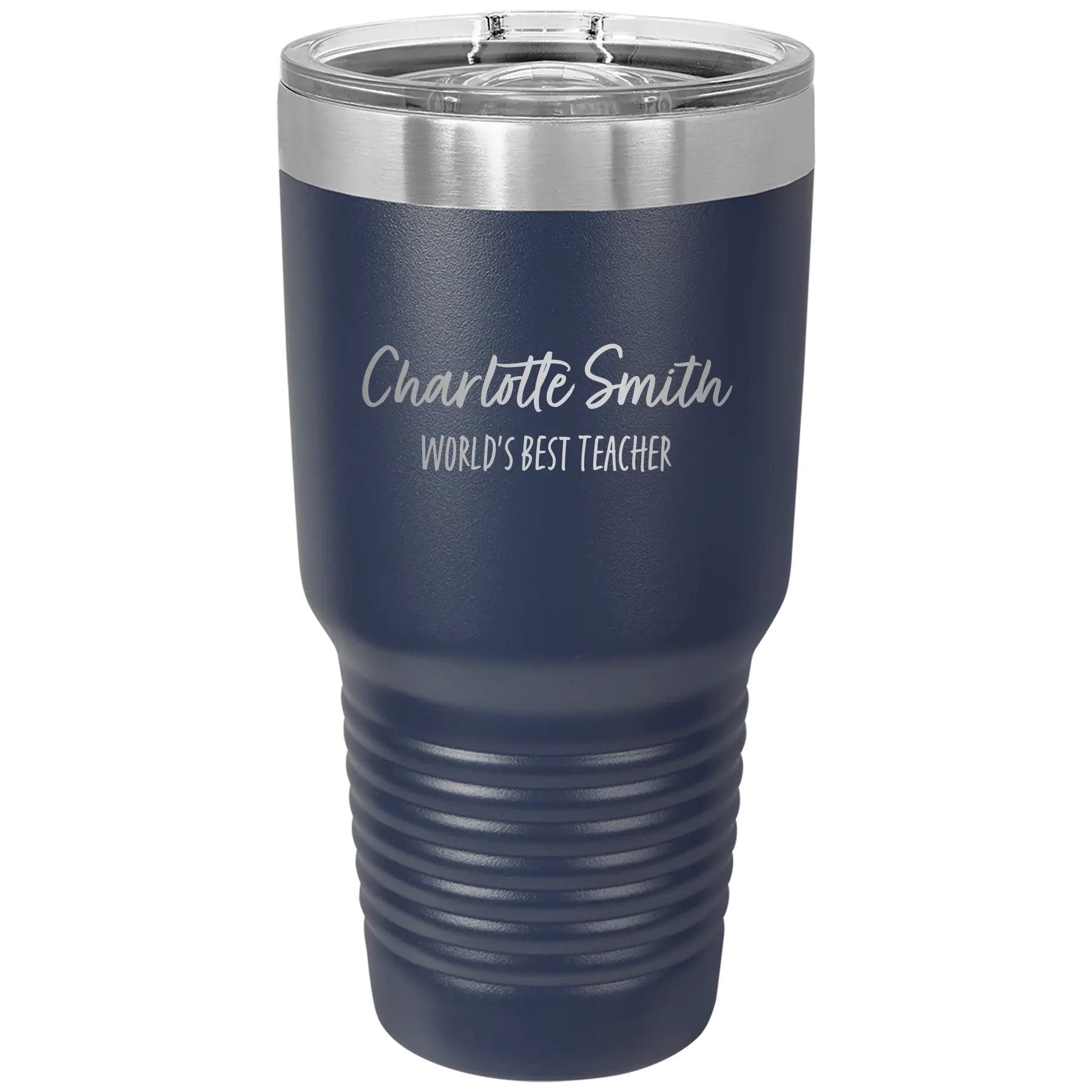 Personalized navy 30 oz vacuum insulated tumbler with 'Two Lines Name and Title' design