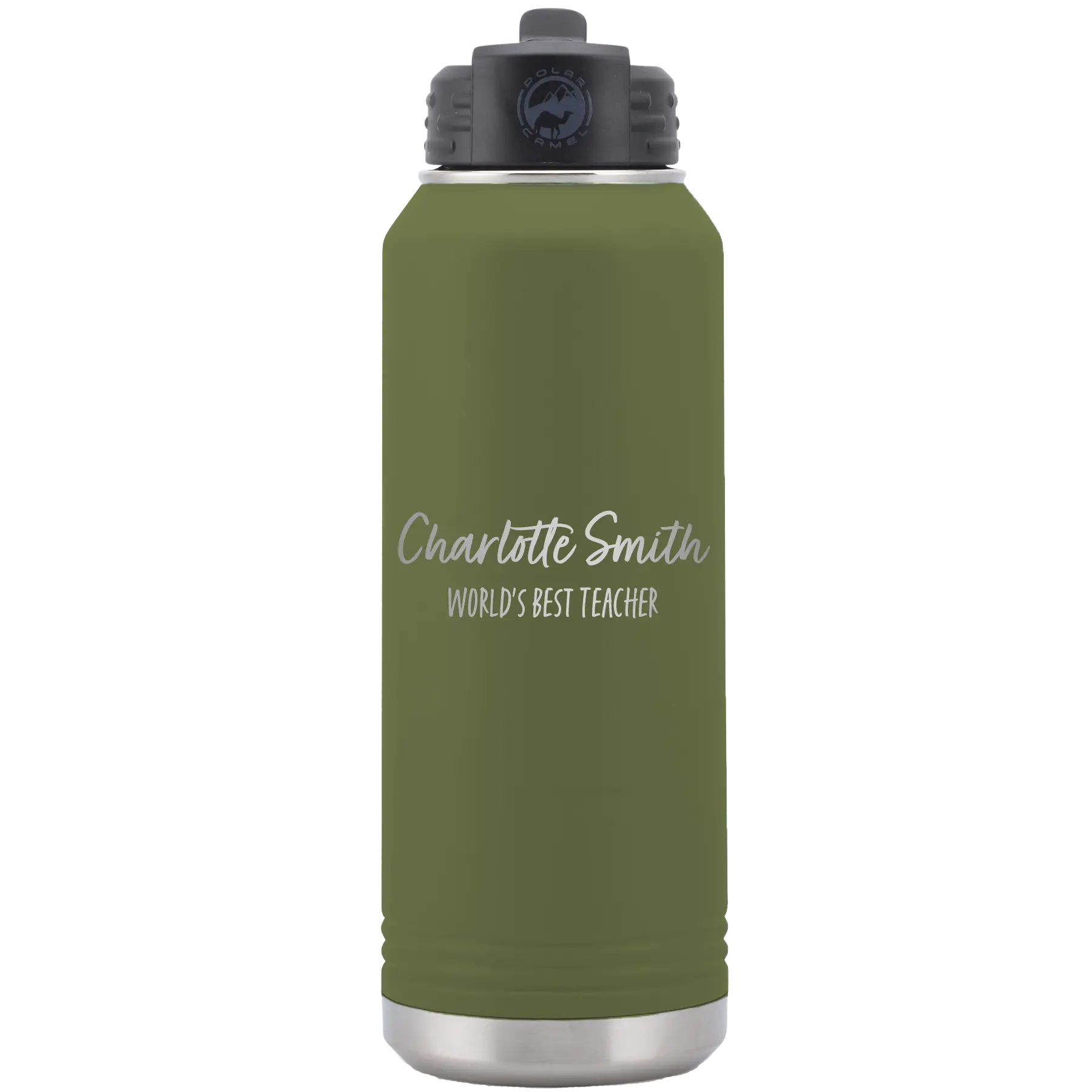 Personalized olive green 32 oz vacuum insulated water bottle with 'Two Lines Name and Title' design