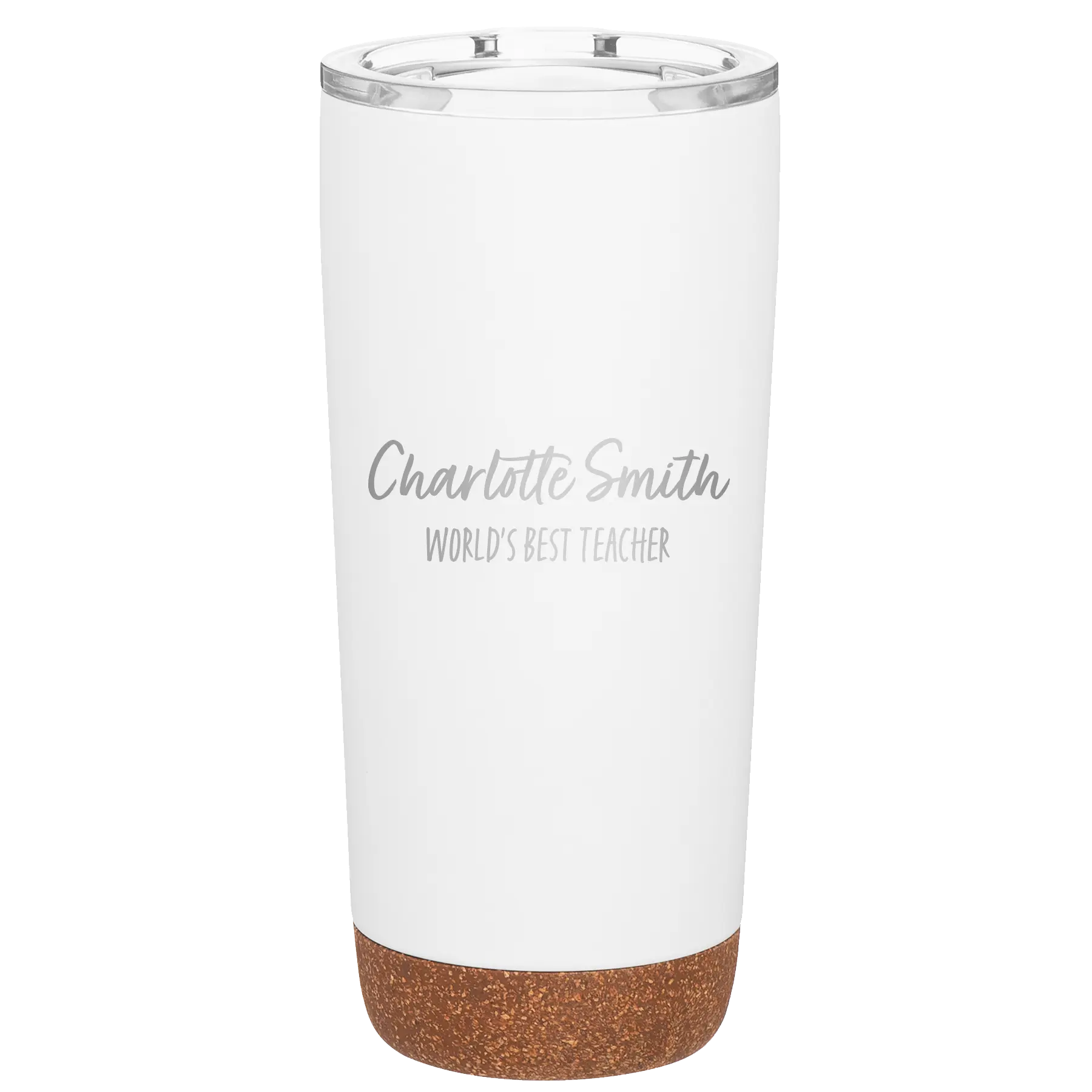 Personalized white 20 oz vacuum insulated tumbler with 'Two Lines Name and Title' design