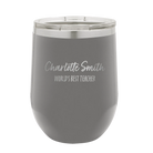 Personalized dark gray 12 oz vacuum insulated wine cup with 'Two Lines Name and Title' design