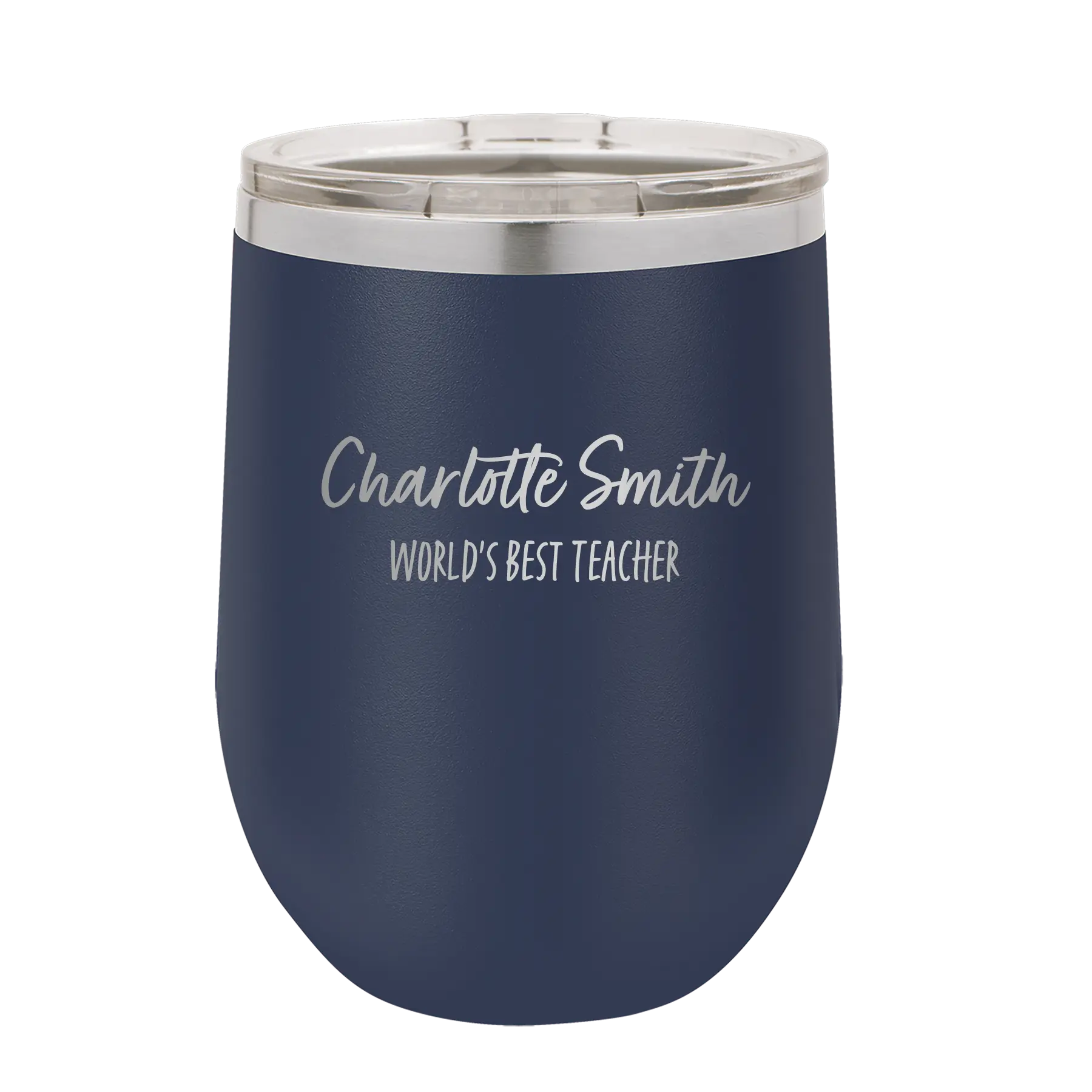Personalized navy 12 oz vacuum insulated wine cup with 'Two Lines Name and Title' design