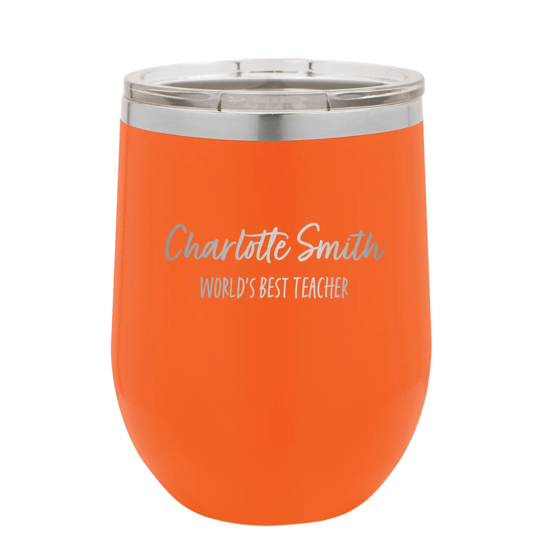 Personalized orange 12 oz vacuum insulated wine cup with 'Two Lines Name and Title' design