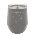 Laser etched dark gray 12 oz vacuum insulated wine cup with 'Wisconsin Heart' design