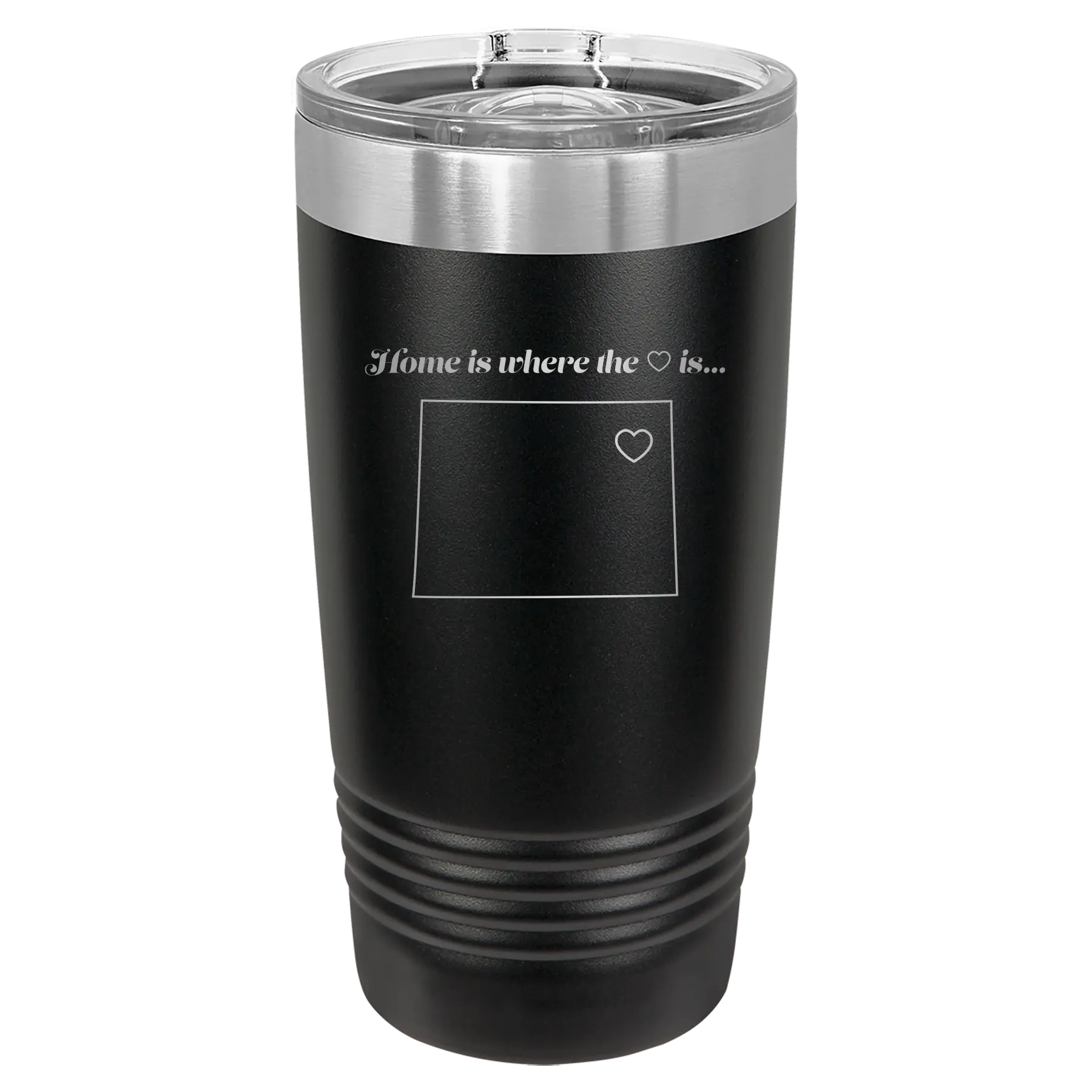 Laser etched black 20 oz vacuum insulated tumbler with 'Colorado Heart' design