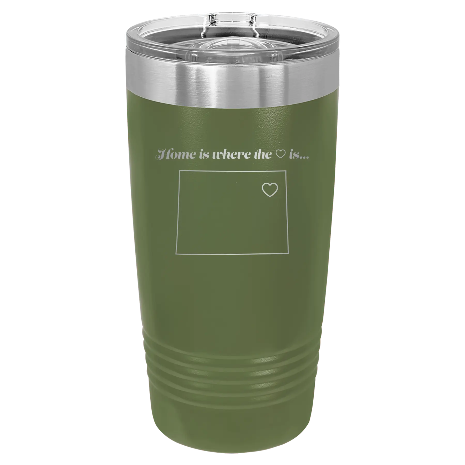Laser etched olive green 20 oz vacuum insulated tumbler with 'Colorado Heart' design