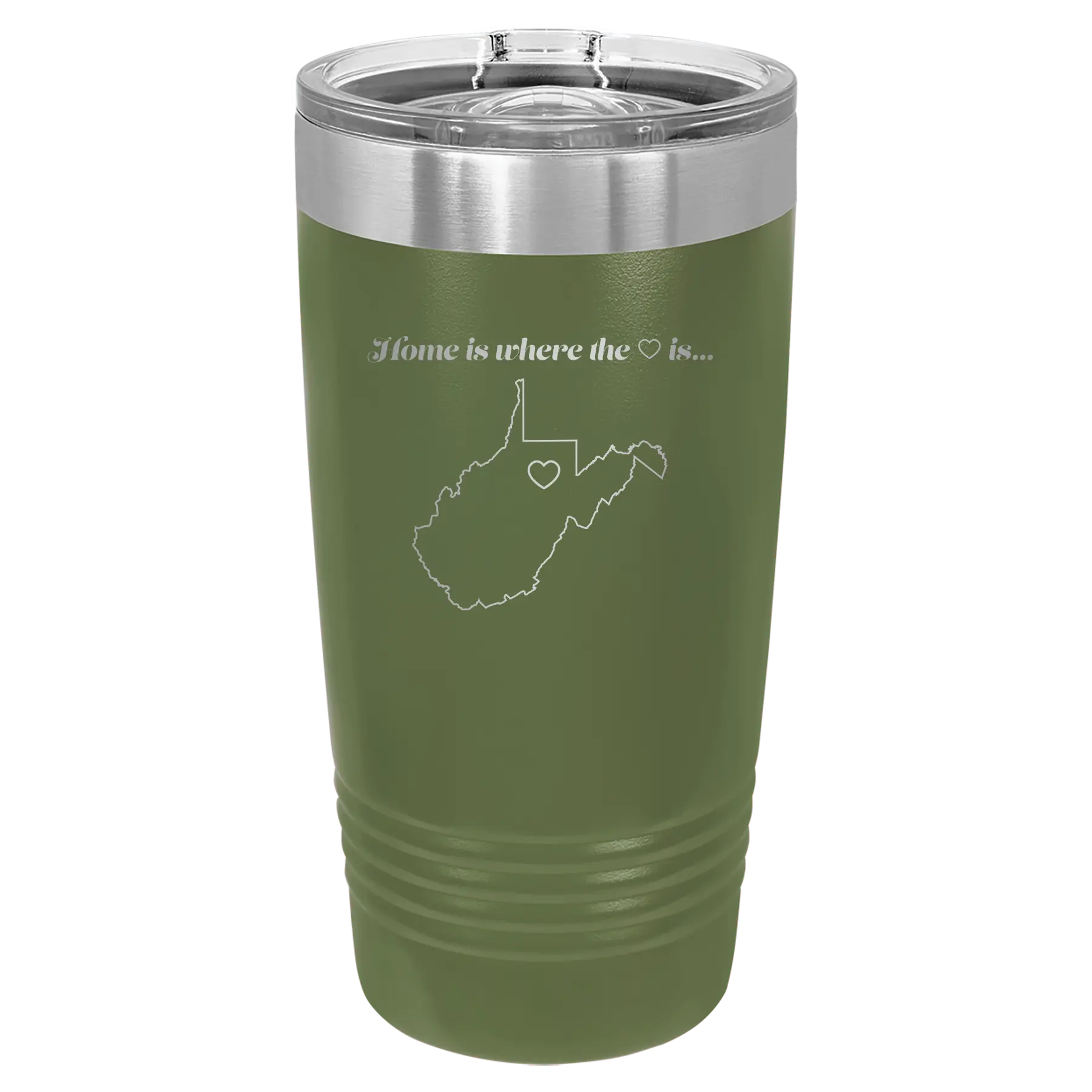 Laser etched olive green 20 oz vacuum insulated tumbler with 'West Virginia Heart' design