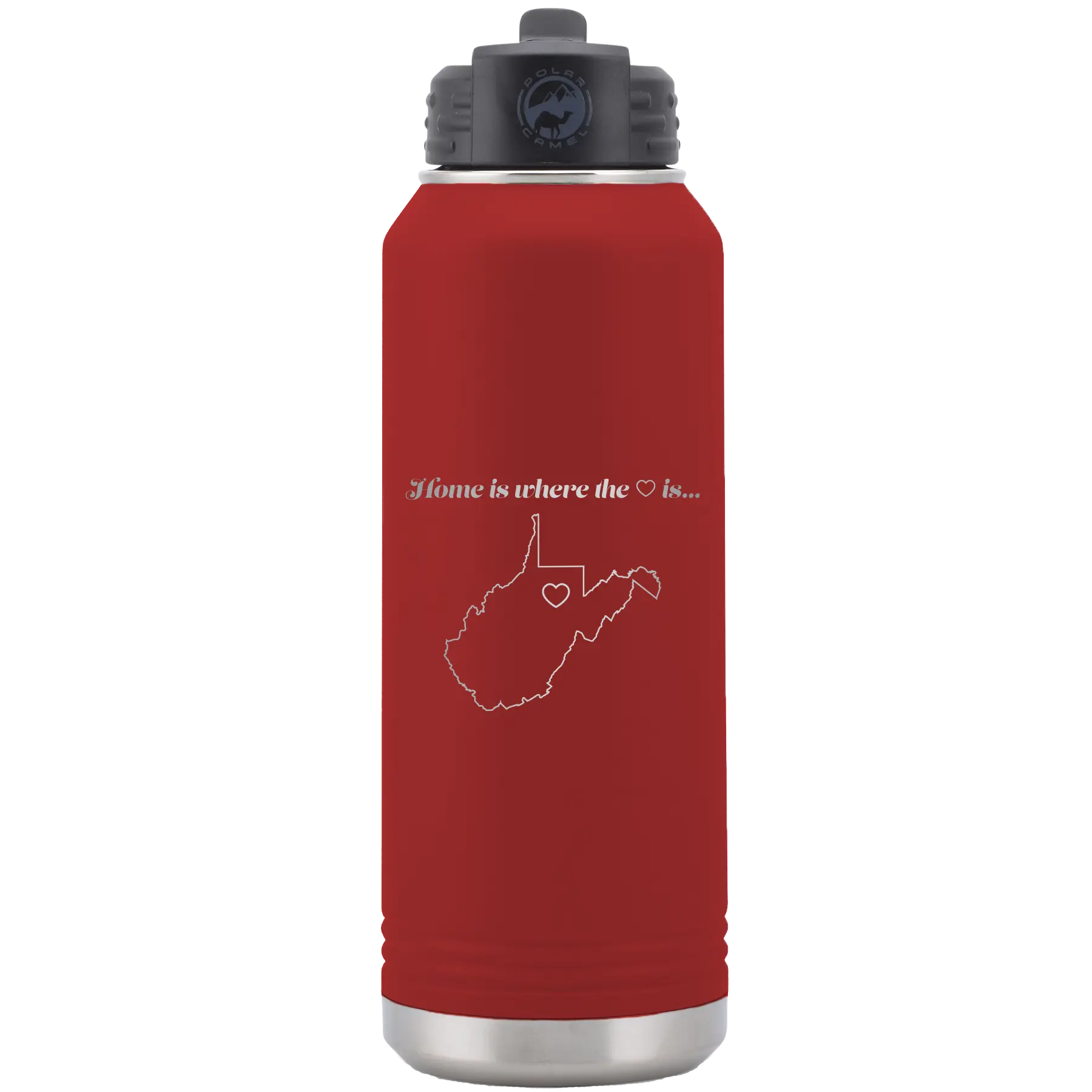 Laser etched maroon 32 oz vacuum insulated water bottle with 'West Virginia Heart' design
