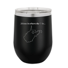 Laser etched black 12 oz vacuum insulated wine cup with 'West Virginia Heart' design