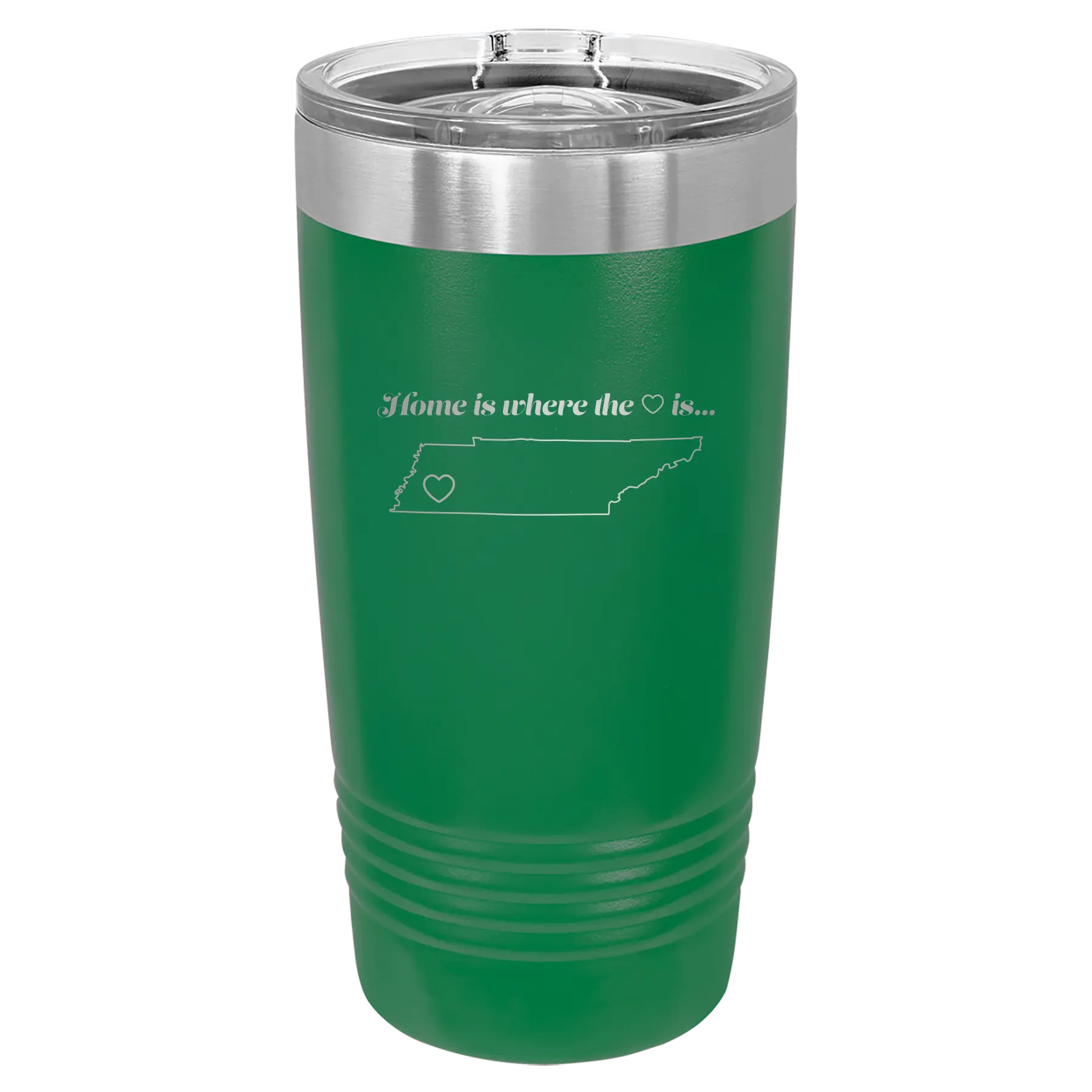 Laser etched green 20 oz vacuum insulated tumbler with 'Tennessee Heart' design
