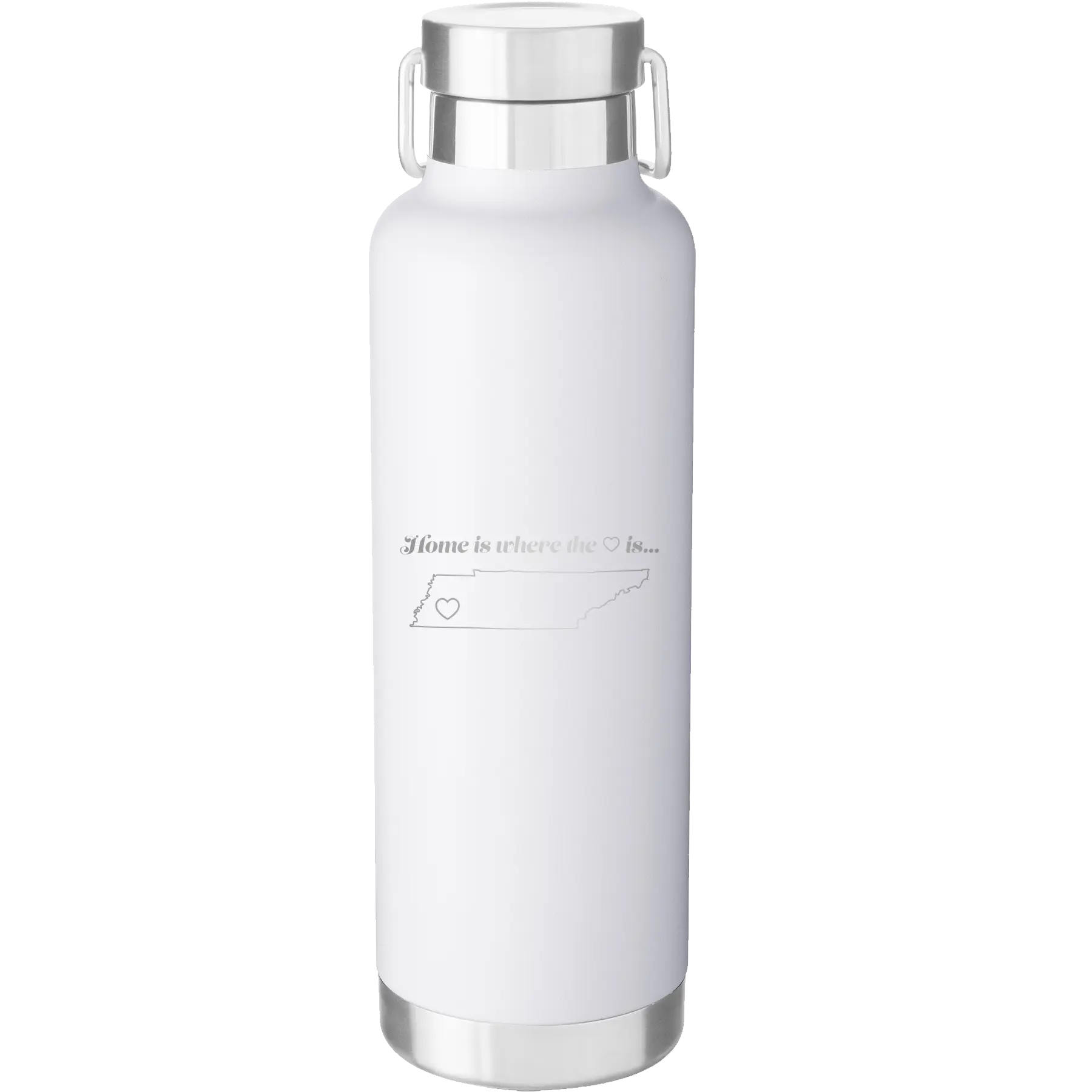 Laser etched white 24 oz vacuum insulated water bottle with 'Tennessee Heart' design