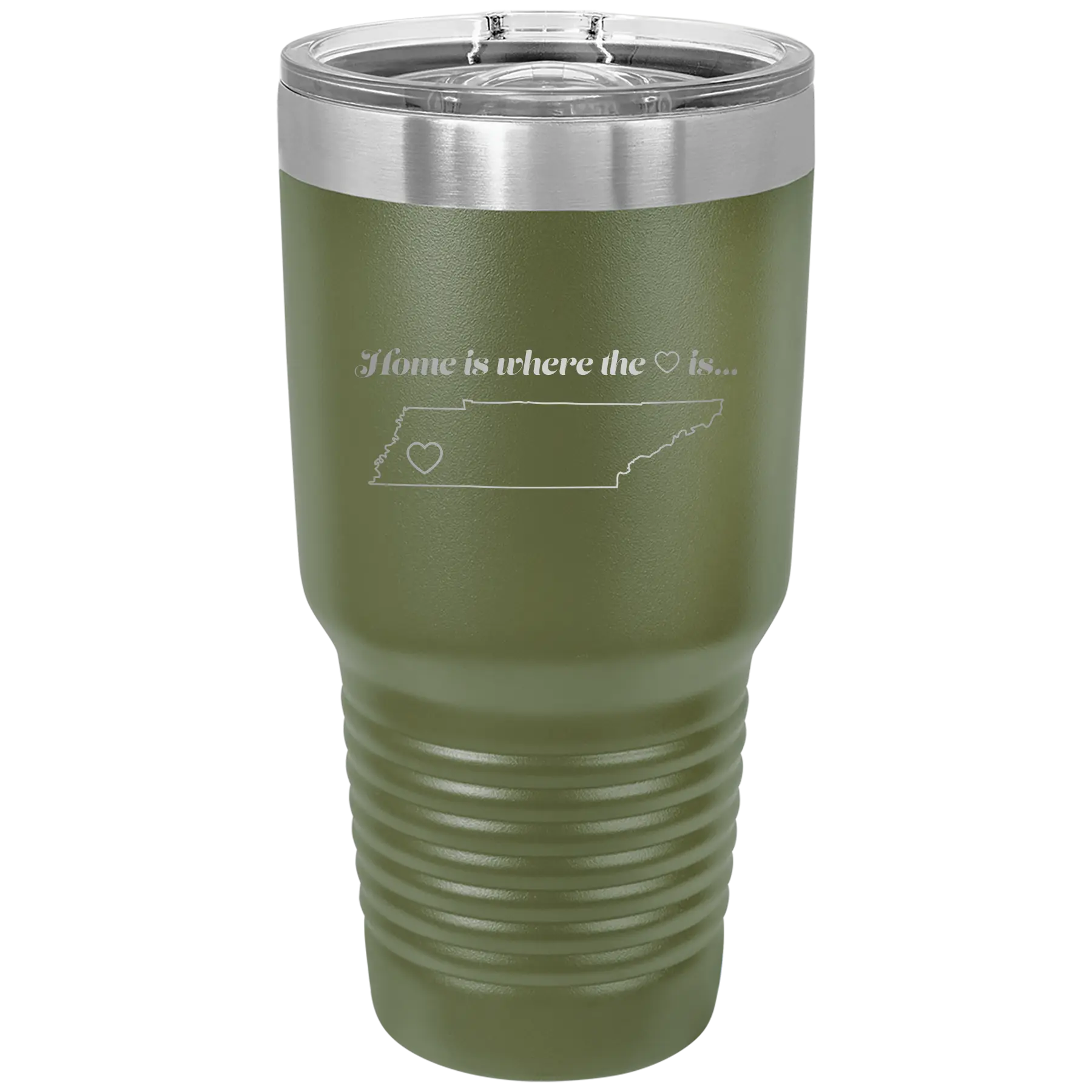 Laser etched olive green 30 oz vacuum insulated tumbler with 'Tennessee Heart' design