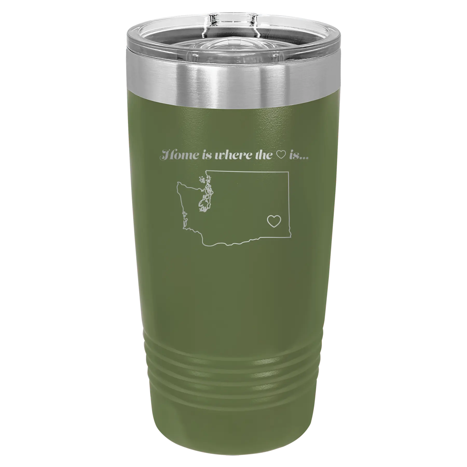 Laser etched olive green 20 oz vacuum insulated tumbler with 'Washington Heart' design