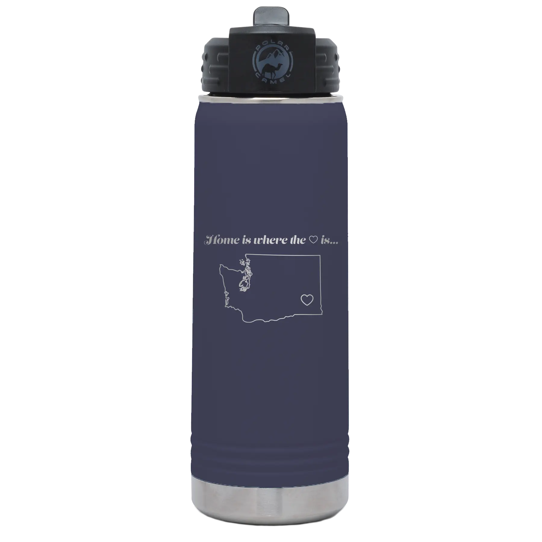 Laser etched navy 20 oz vacuum insulated water bottle with 'Washington Heart' design