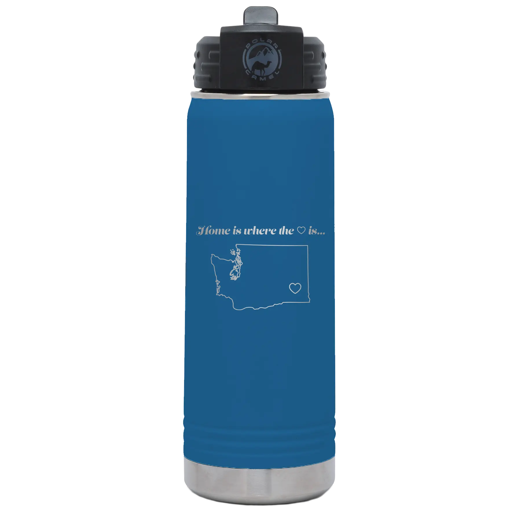 Laser etched royal blue 20 oz vacuum insulated water bottle with 'Washington Heart' design