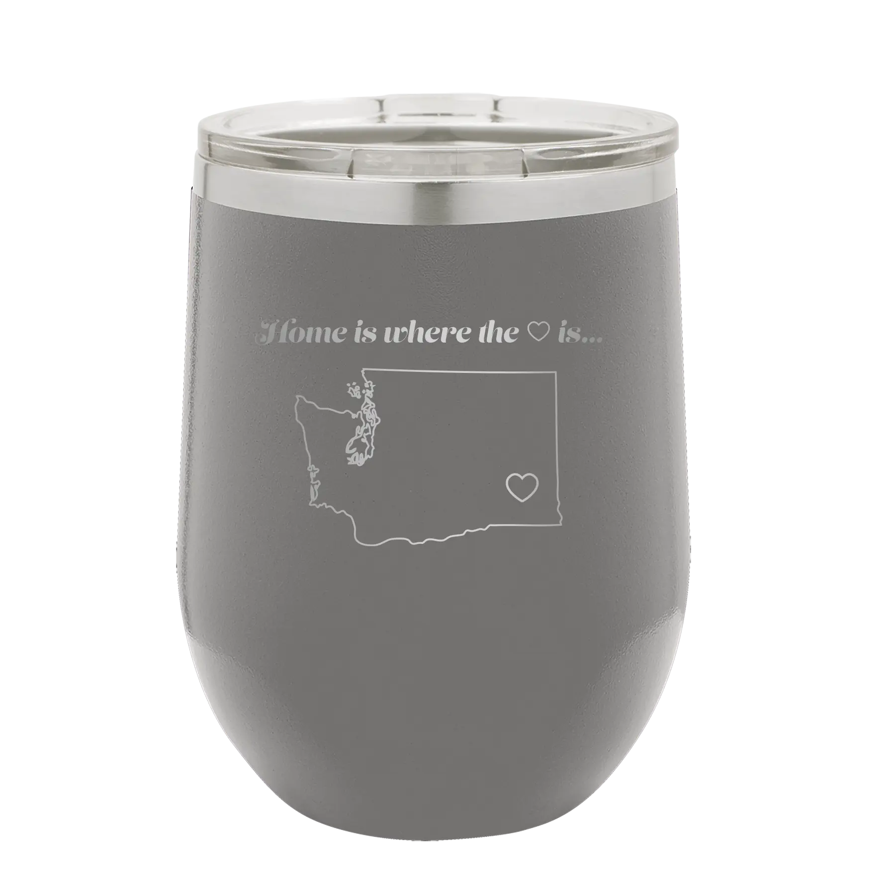 Laser etched dark gray 12 oz vacuum insulated wine cup with 'Washington Heart' design
