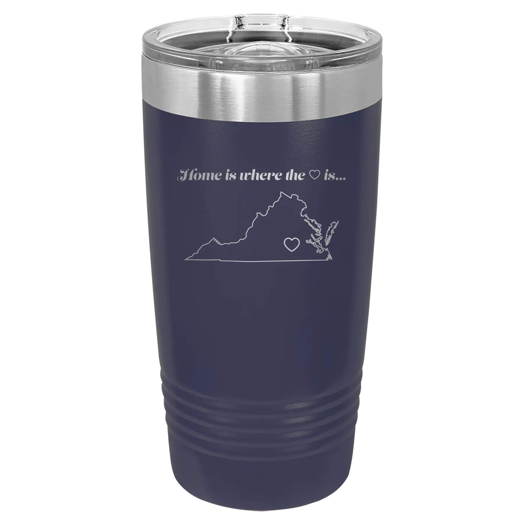 Laser etched navy 20 oz vacuum insulated tumbler with 'Virginia Heart' design