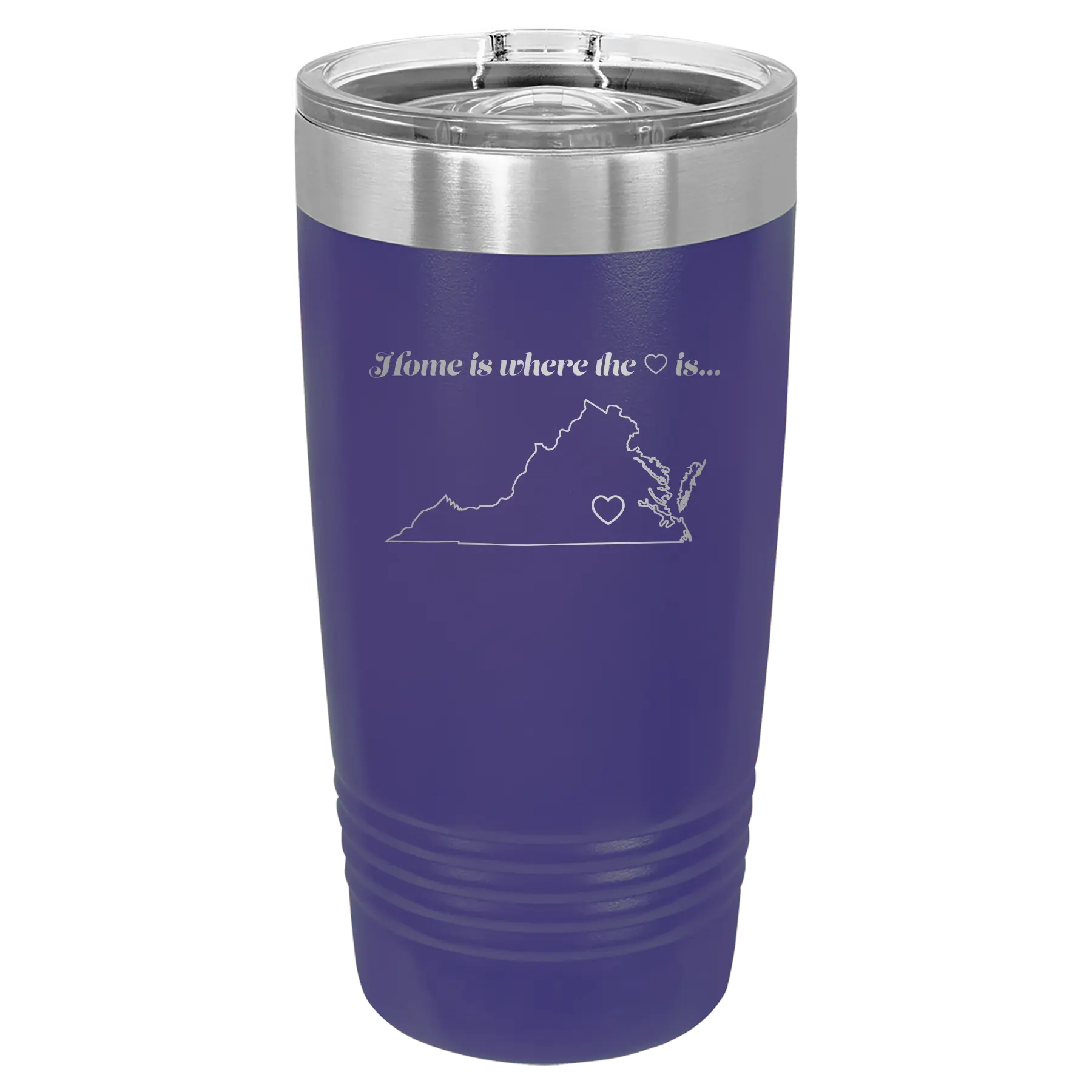 Laser etched purple 20 oz vacuum insulated tumbler with 'Virginia Heart' design