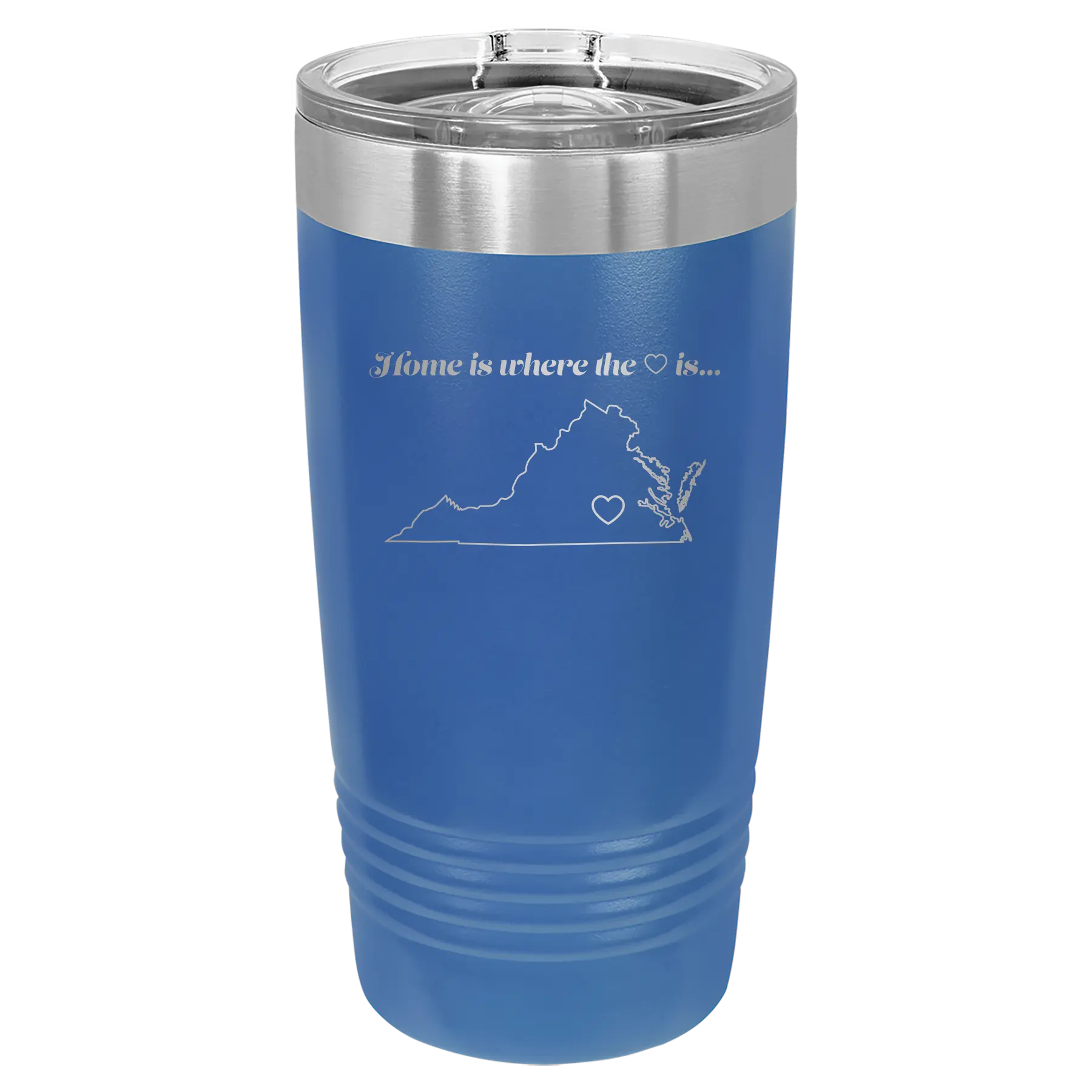 Laser etched royal blue 20 oz vacuum insulated tumbler with 'Virginia Heart' design