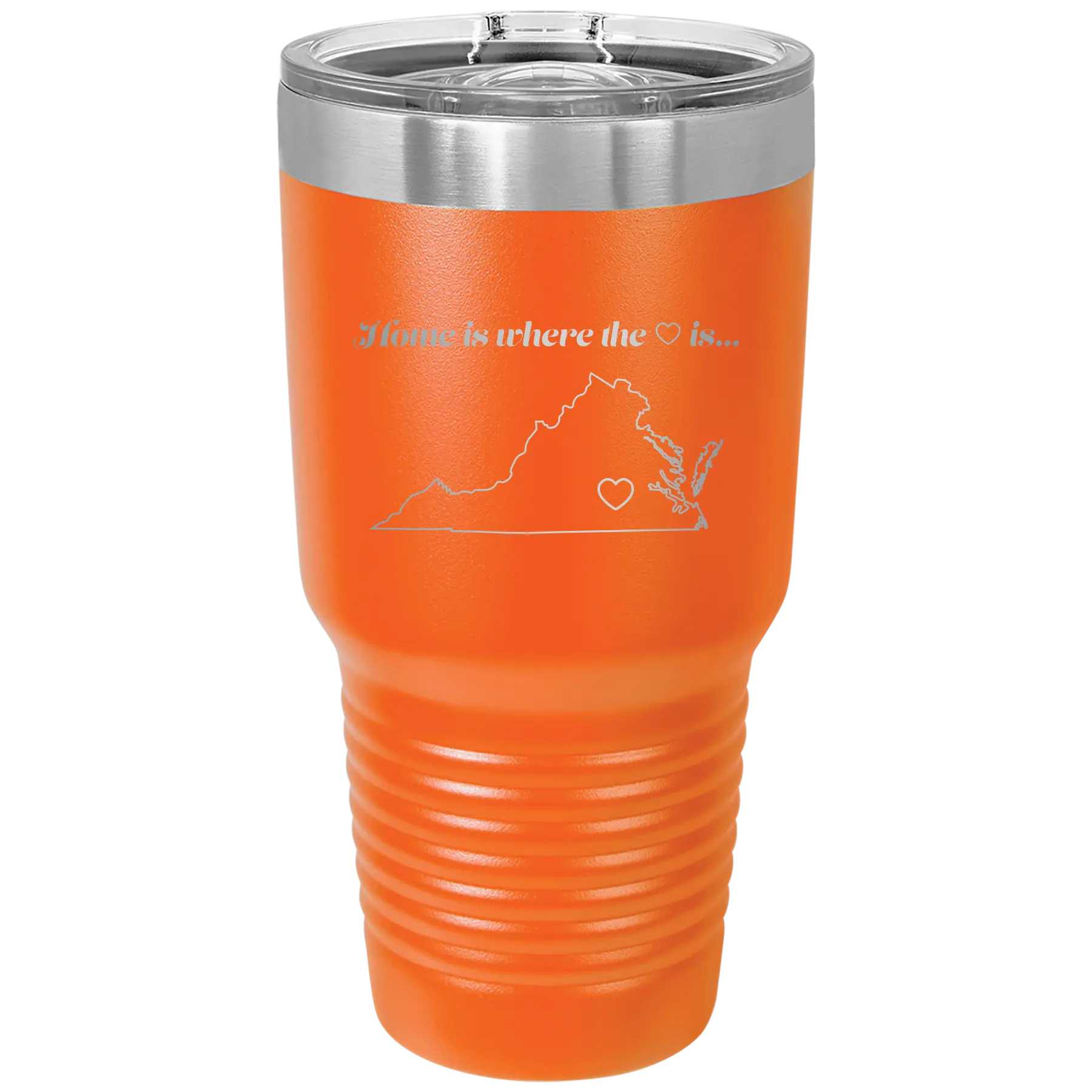 Laser etched orange 30 oz vacuum insulated tumbler with 'Virginia Heart' design