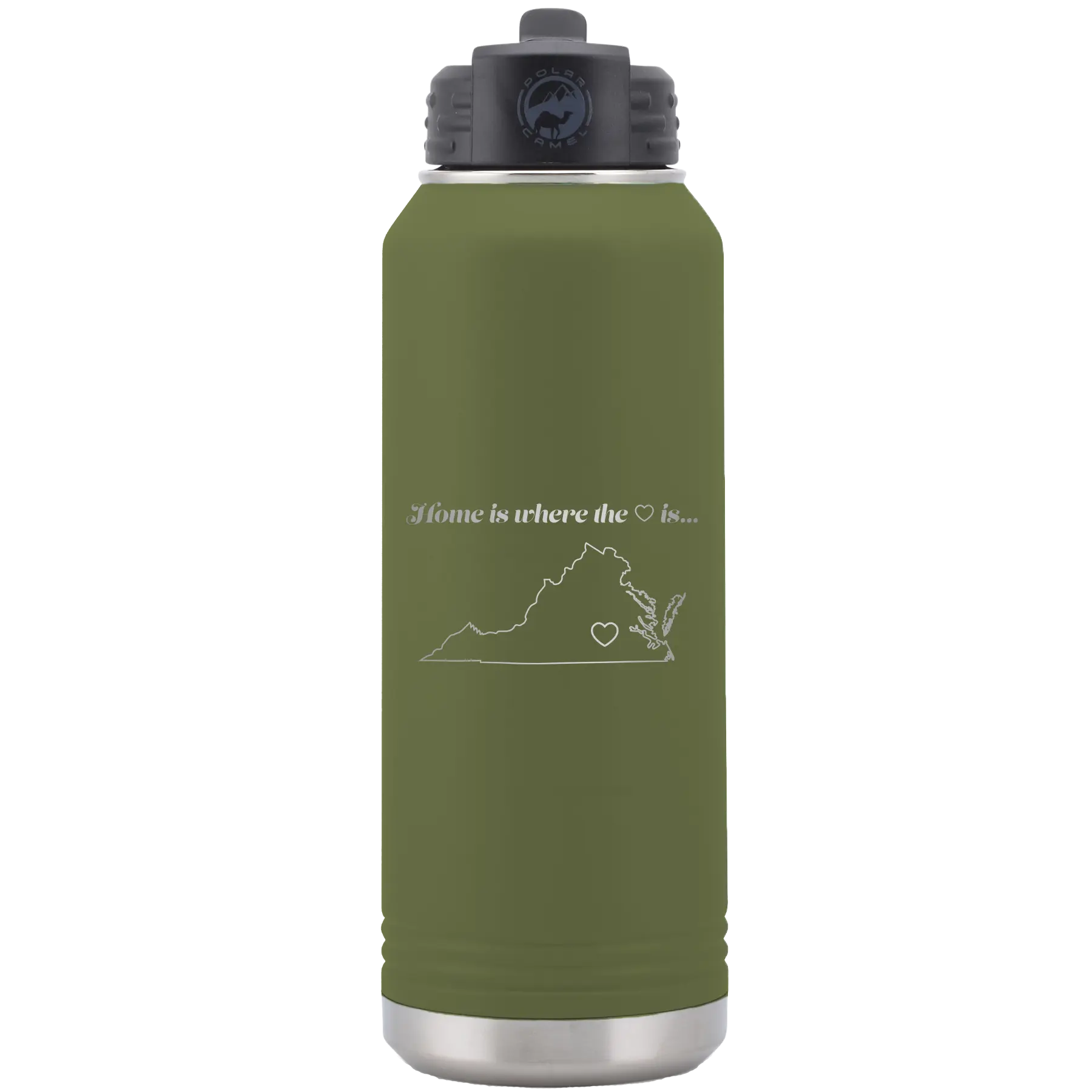 Laser etched olive green 32 oz vacuum insulated water bottle with 'Virginia Heart' design