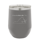 Laser etched dark gray 12 oz vacuum insulated wine cup with 'Virginia Heart' design