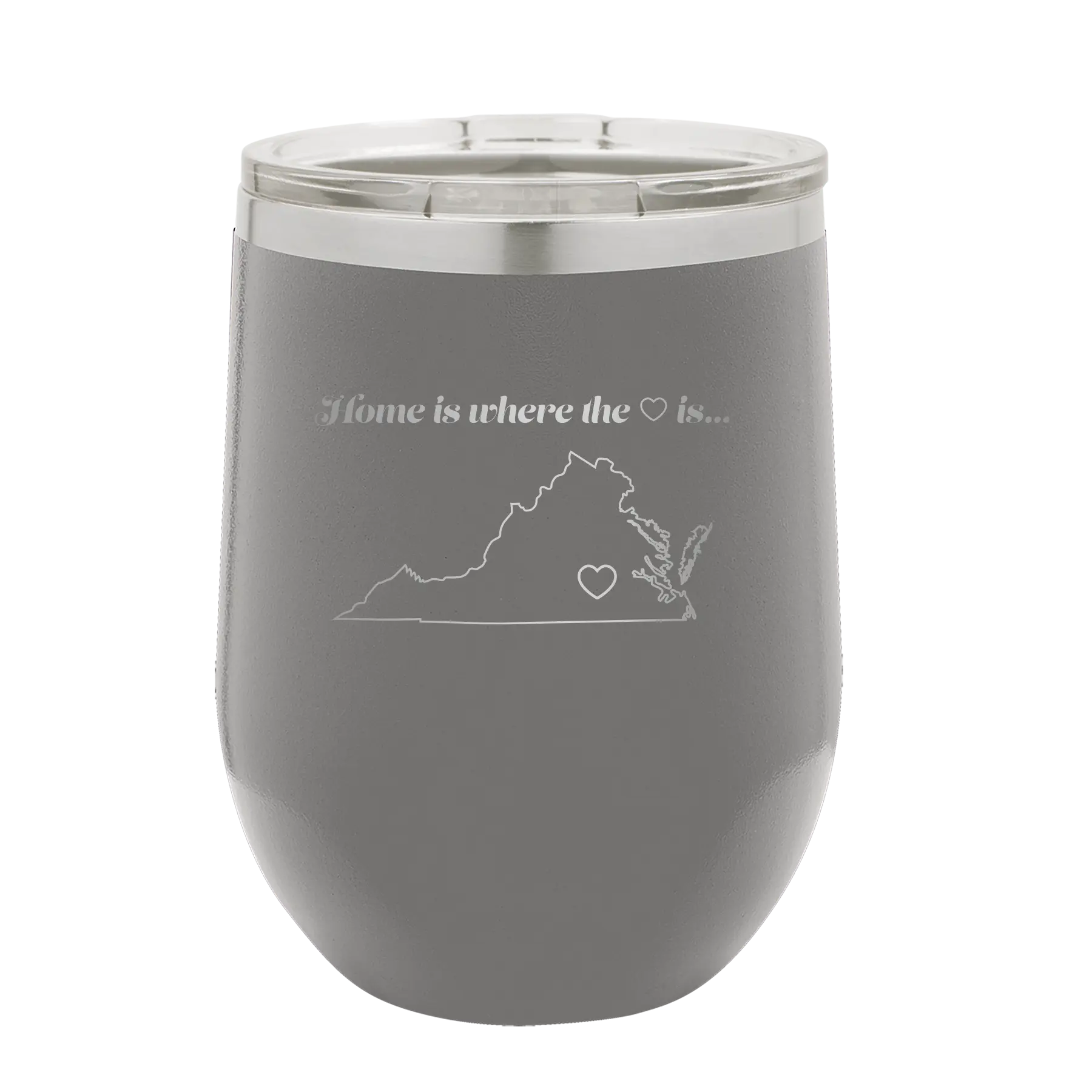 Laser etched dark gray 12 oz vacuum insulated wine cup with 'Virginia Heart' design