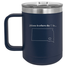 Laser etched navy 15 oz vacuum insulated coffee mug with 'South Dakota Heart' design