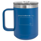 Laser etched royal blue 15 oz vacuum insulated coffee mug with 'South Dakota Heart' design