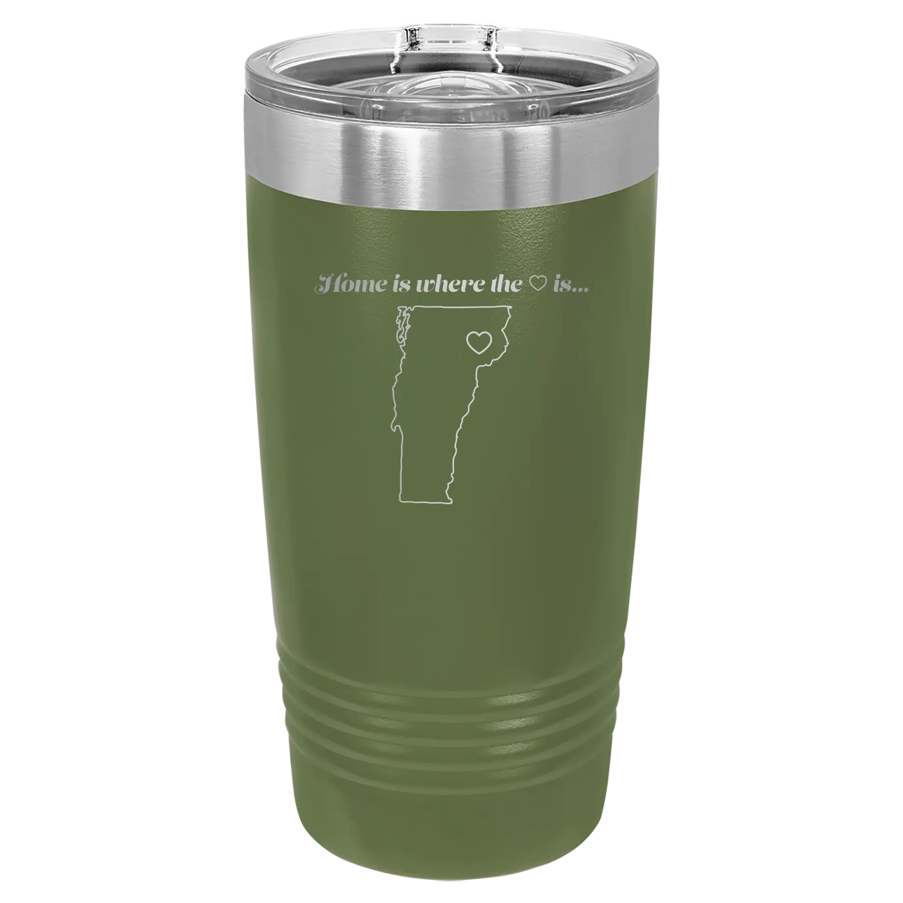 Laser etched olive green 20 oz vacuum insulated tumbler with 'Vermont Heart' design