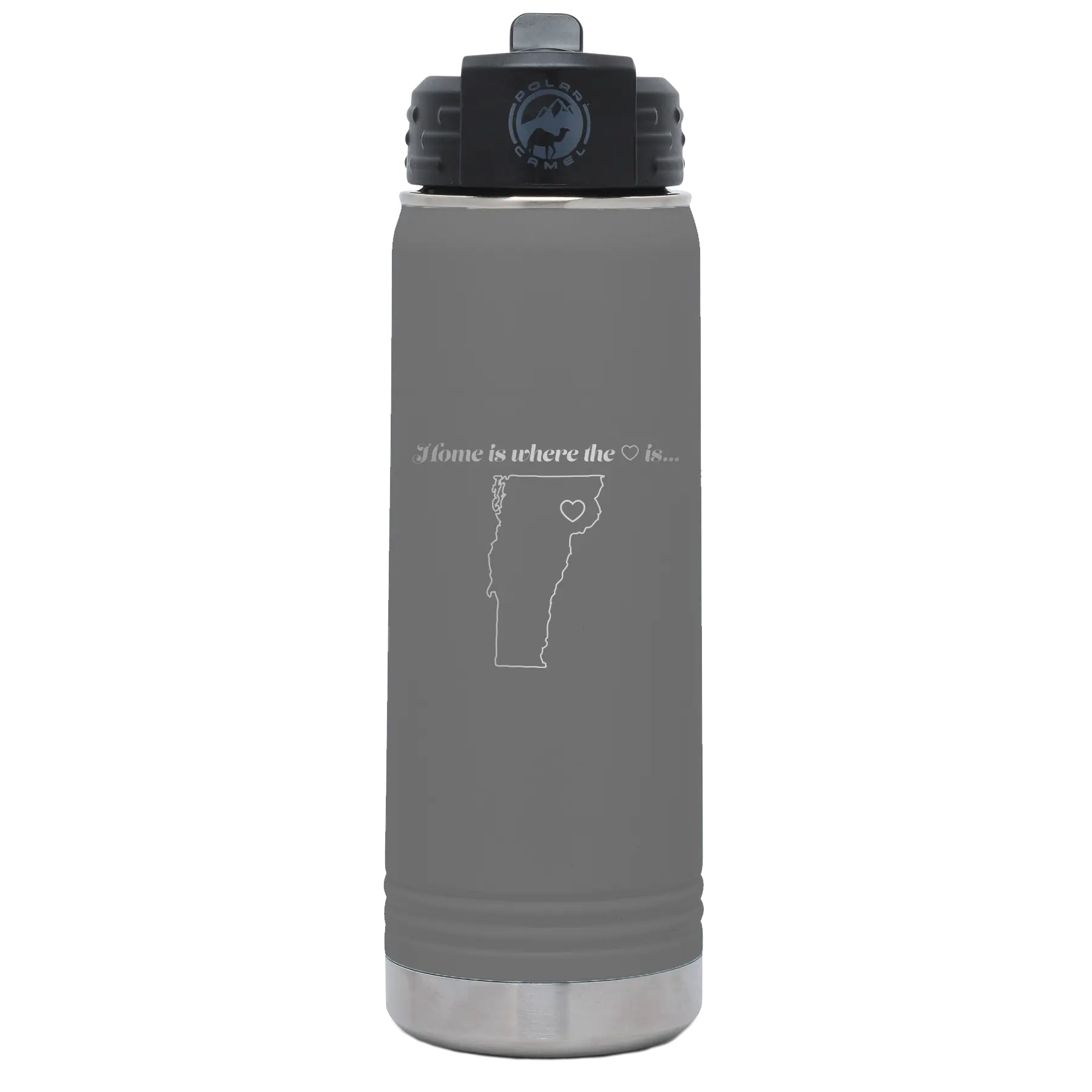 Laser etched dark gray 20 oz vacuum insulated water bottle with 'Vermont Heart' design