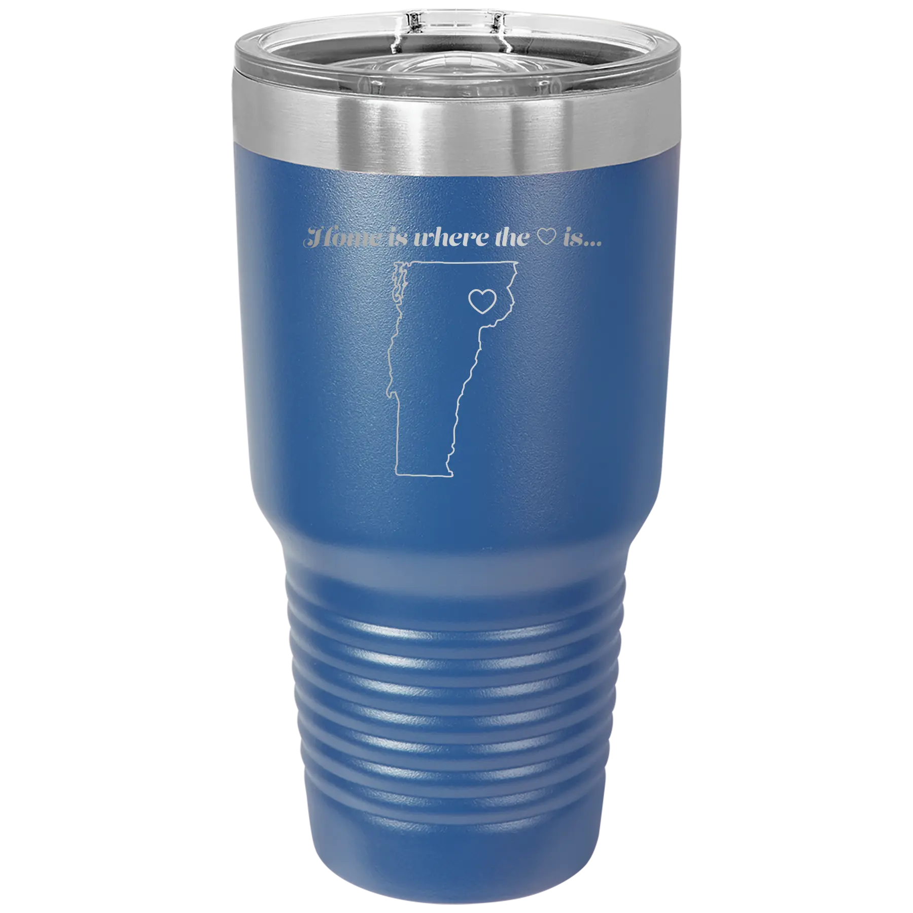 Laser etched royal blue 30 oz vacuum insulated tumbler with 'Vermont Heart' design