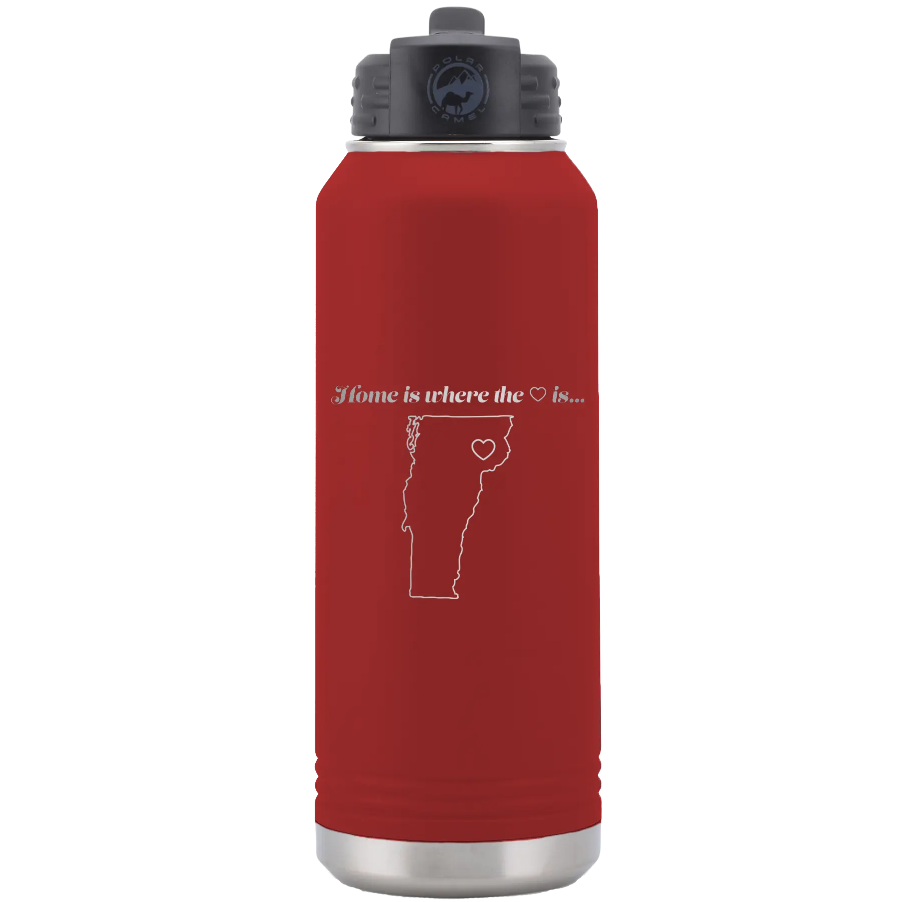 Laser etched maroon 32 oz vacuum insulated water bottle with 'Vermont Heart' design