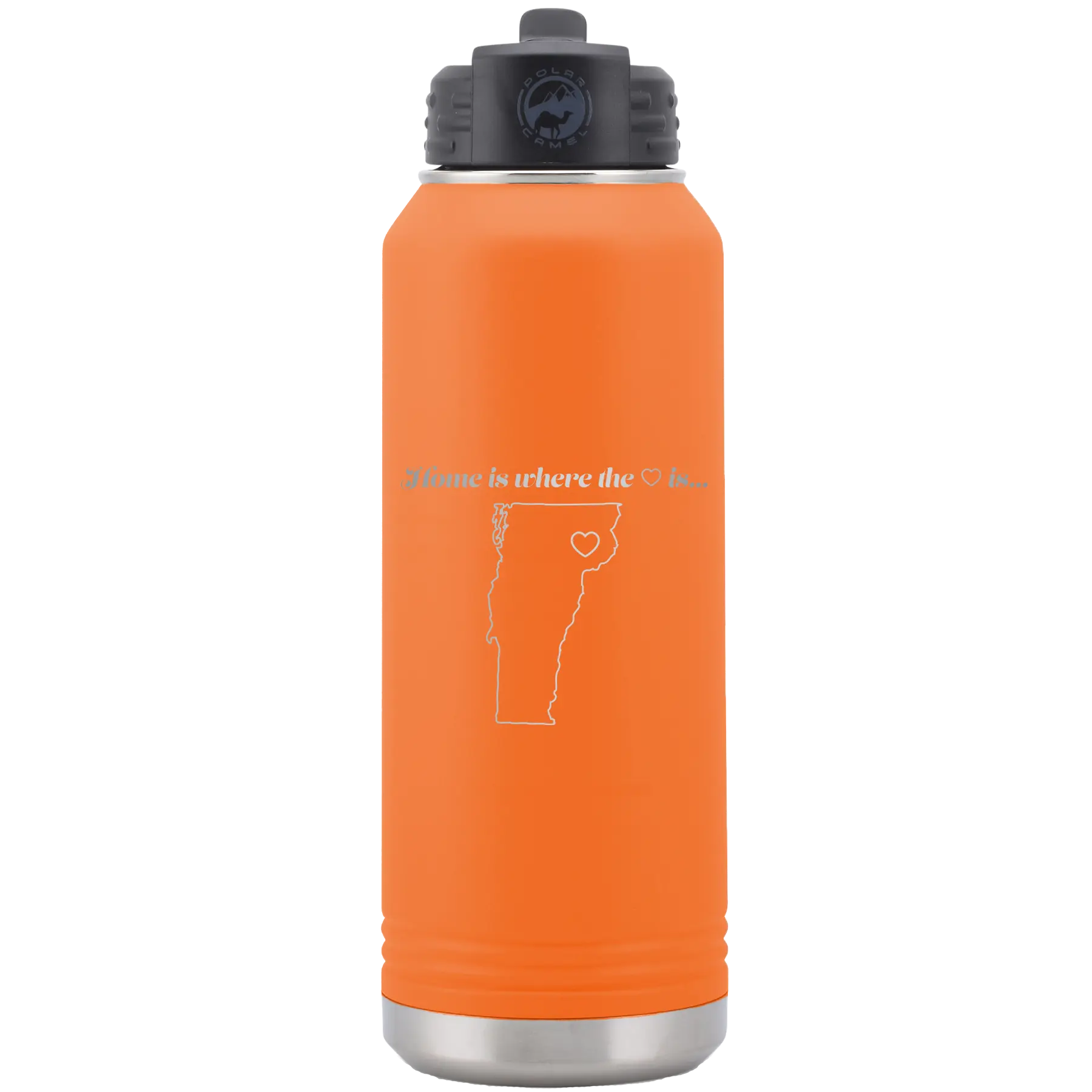 Laser etched orange 32 oz vacuum insulated water bottle with 'Vermont Heart' design