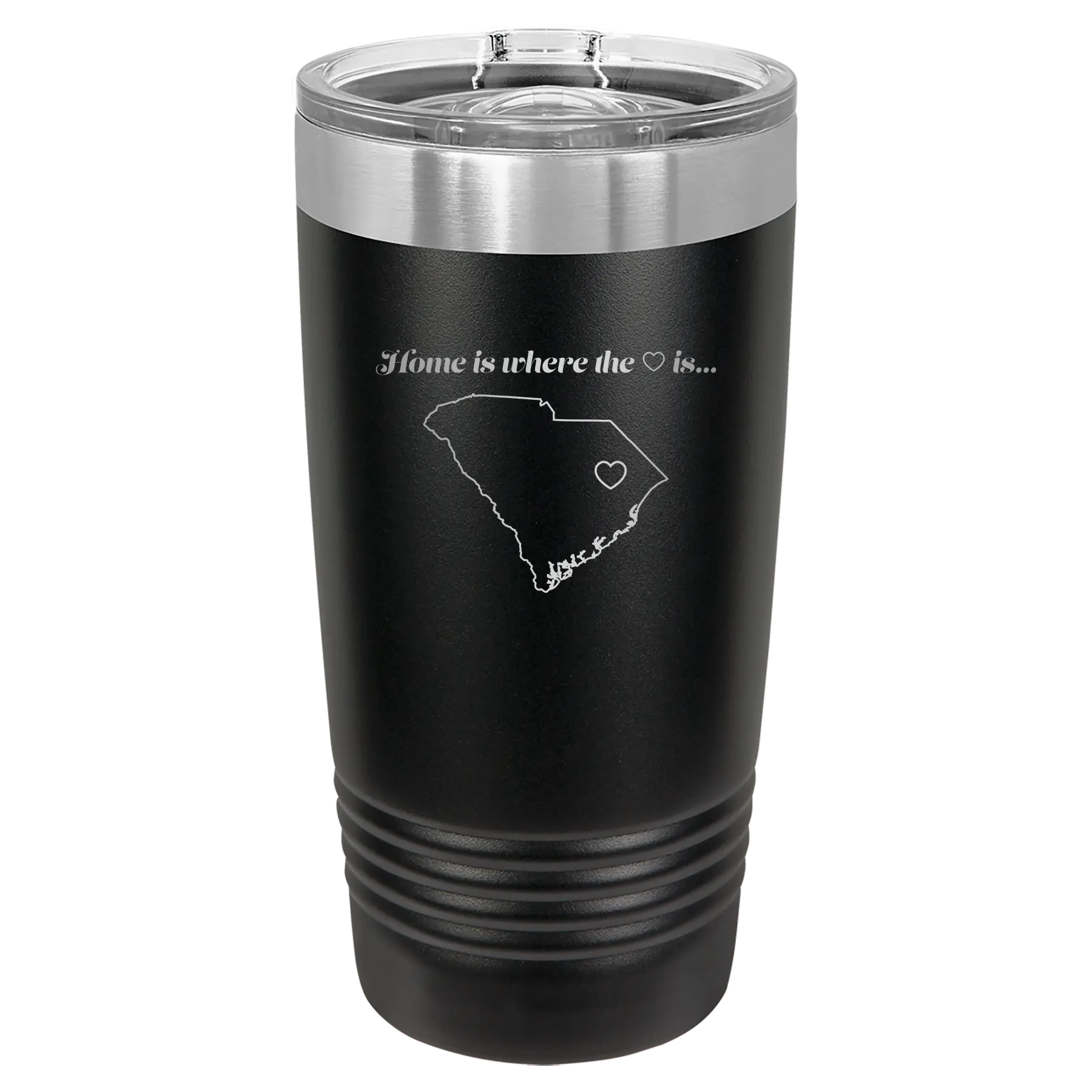 Laser etched black 20 oz vacuum insulated tumbler with 'South Carolina Heart' design