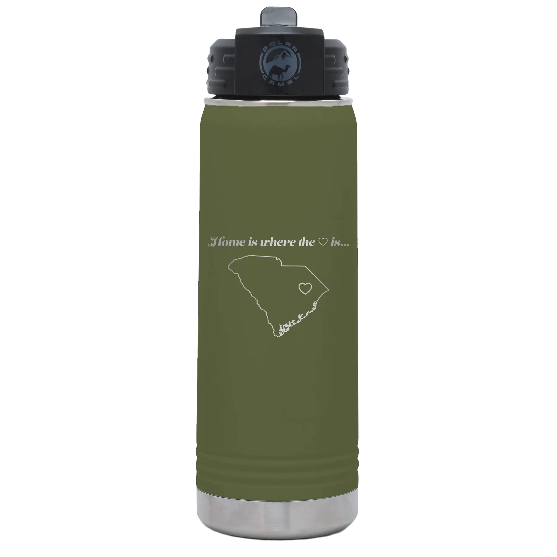 Laser etched olive green 20 oz vacuum insulated water bottle with 'South Carolina Heart' design