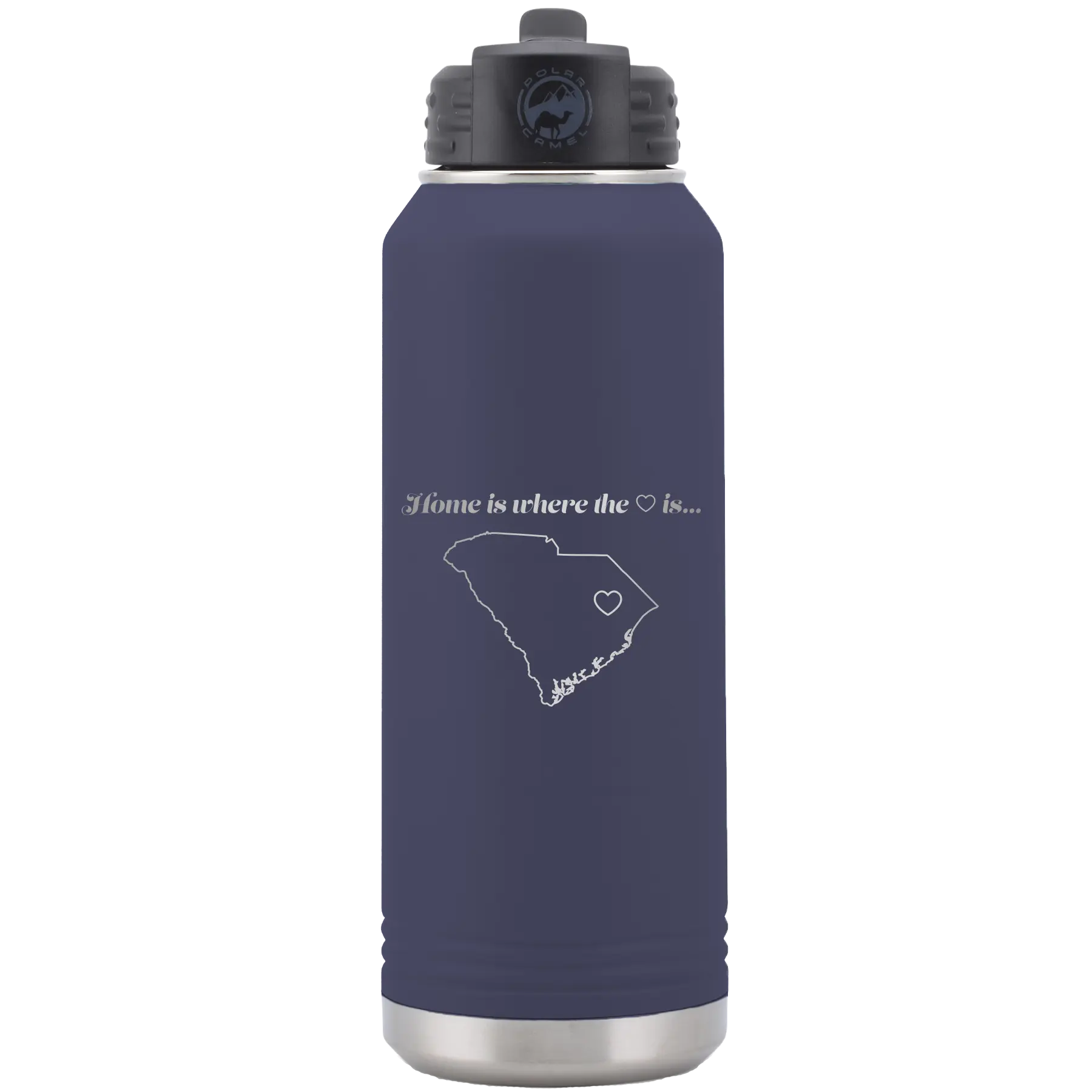 Laser etched navy 32 oz vacuum insulated water bottle with 'South Carolina Heart' design
