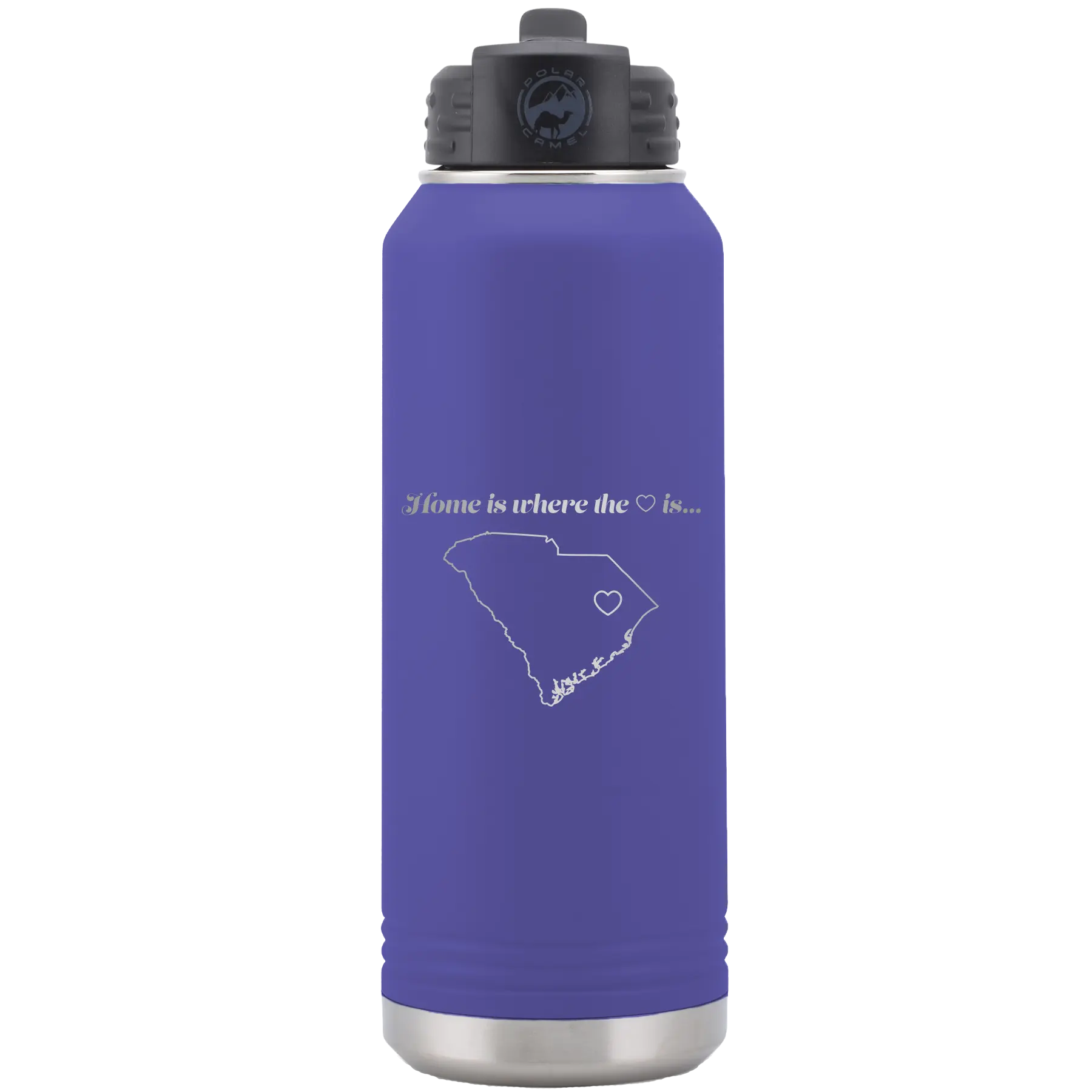 Laser etched purple 32 oz vacuum insulated water bottle with 'South Carolina Heart' design