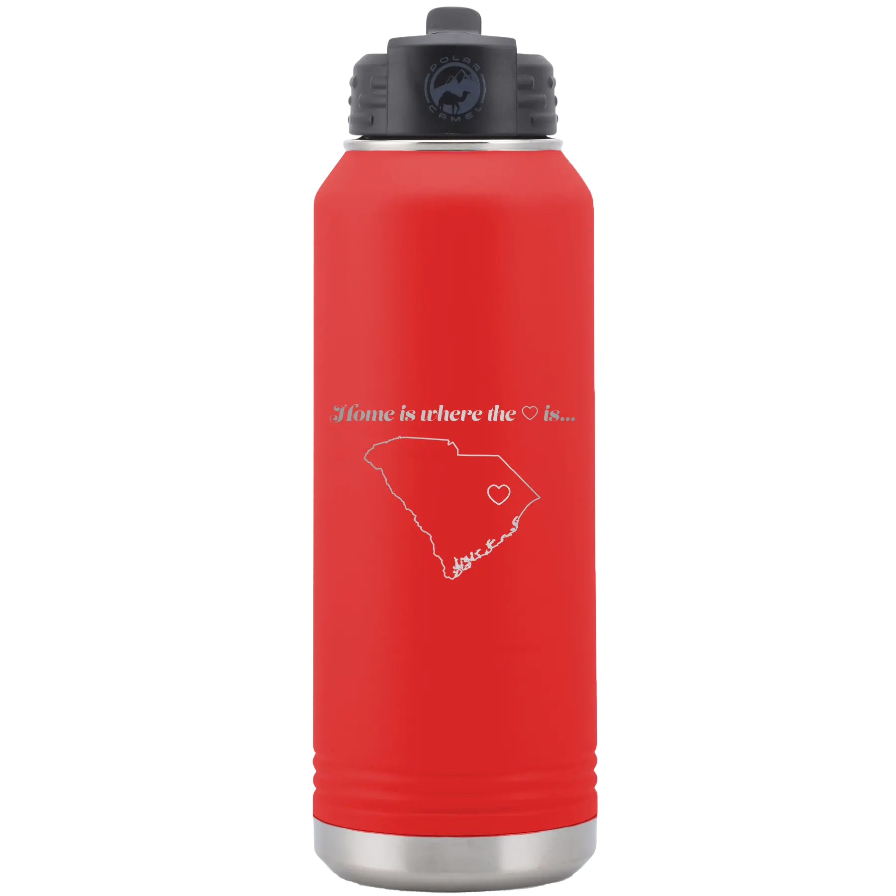 Laser etched red 32 oz vacuum insulated water bottle with 'South Carolina Heart' design