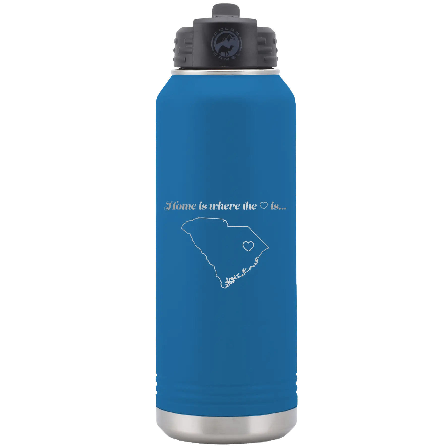 Laser etched royal blue 32 oz vacuum insulated water bottle with 'South Carolina Heart' design