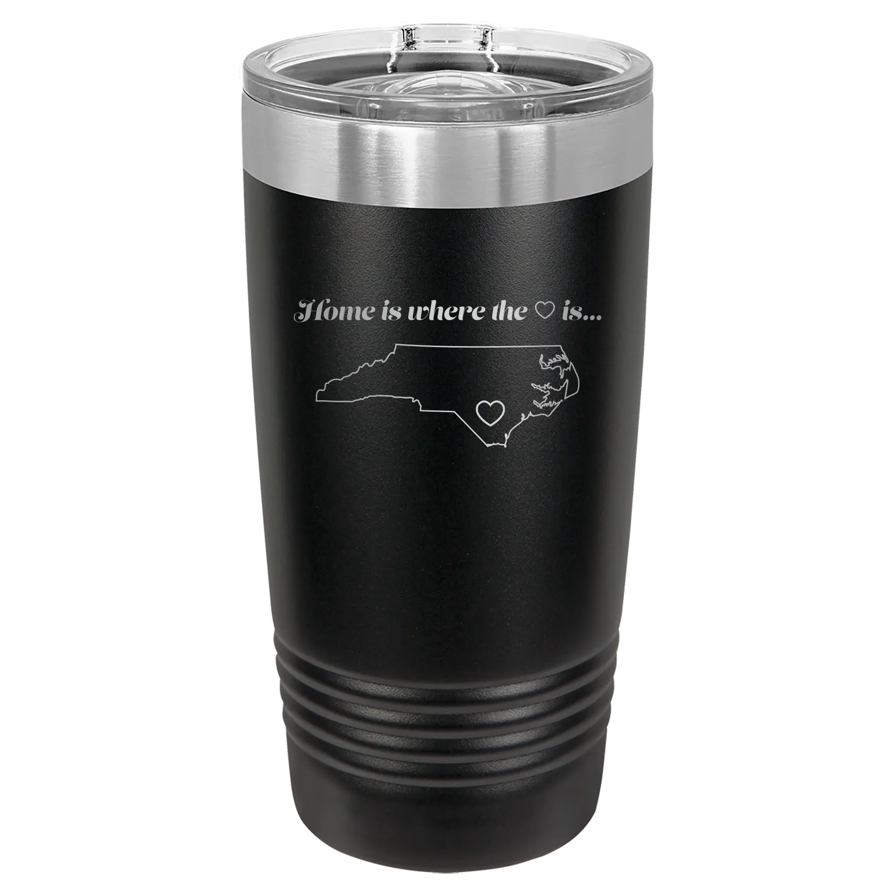 Laser etched black 20 oz vacuum insulated tumbler with 'North Carolina Heart' design