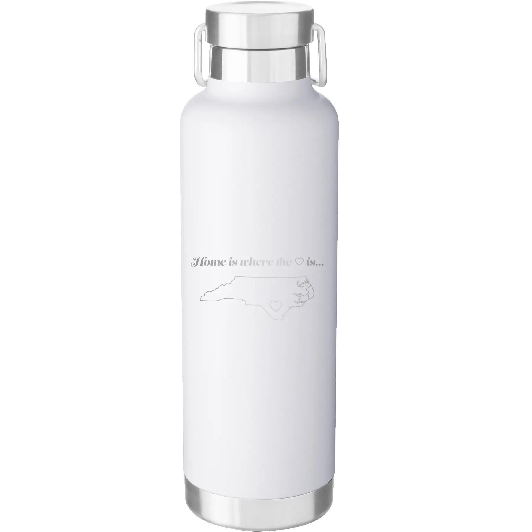 Laser etched white 24 oz vacuum insulated water bottle with 'North Carolina Heart' design