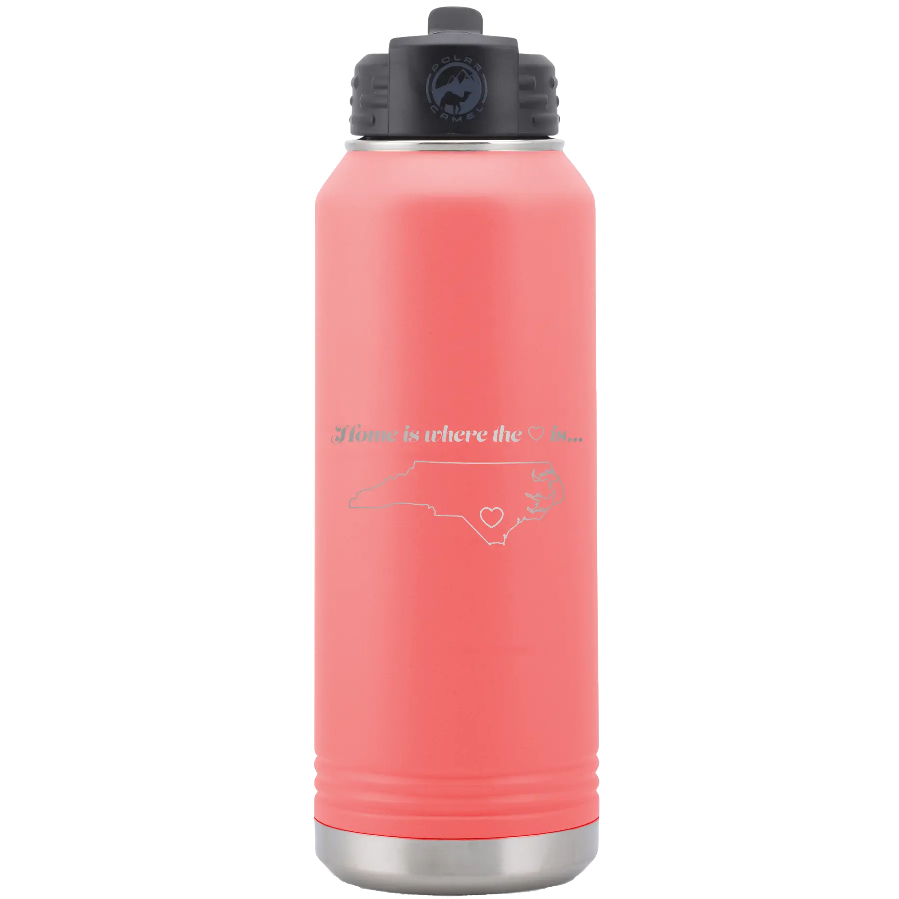 Laser etched coral 32 oz vacuum insulated water bottle with 'North Carolina Heart' design