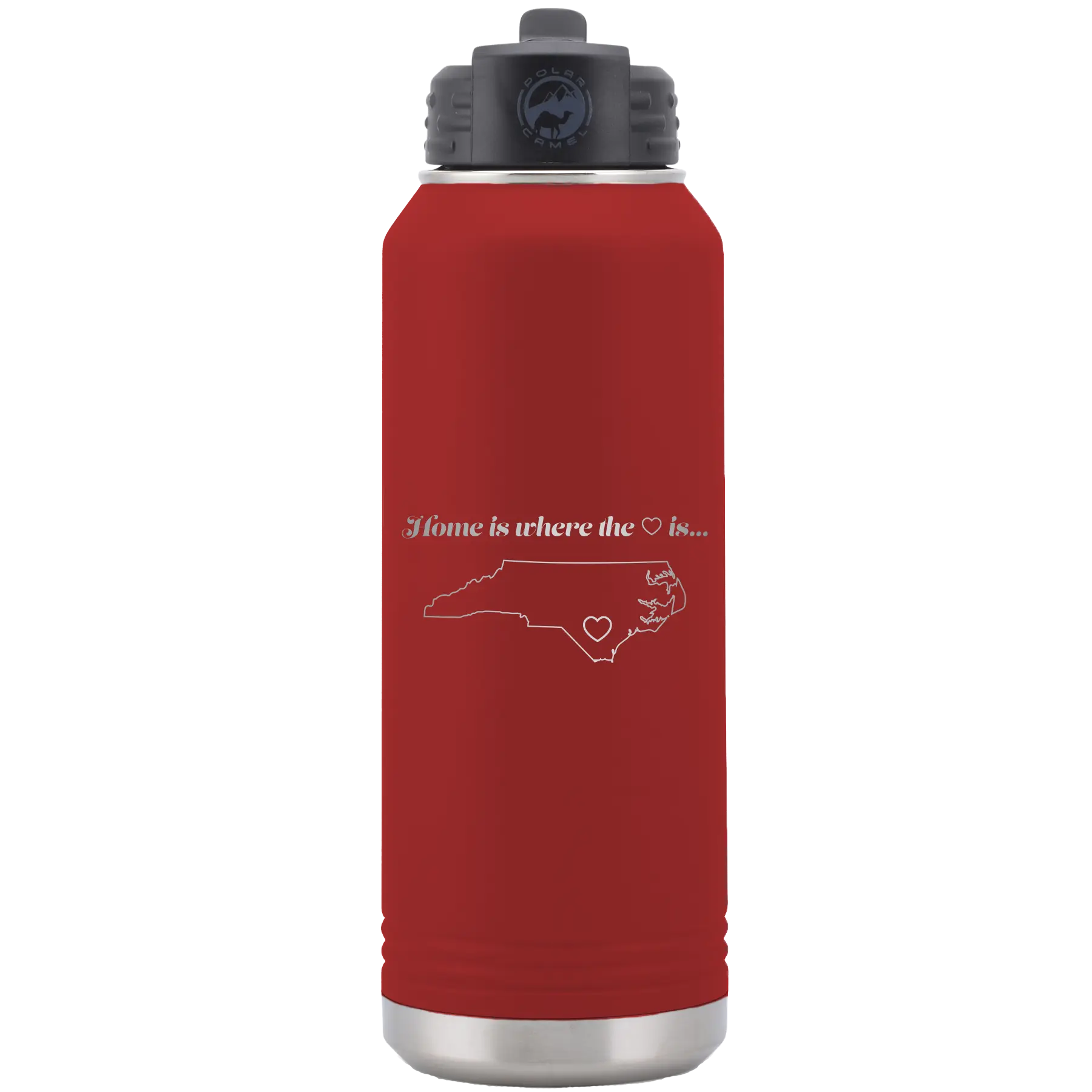 Laser etched maroon 32 oz vacuum insulated water bottle with 'North Carolina Heart' design