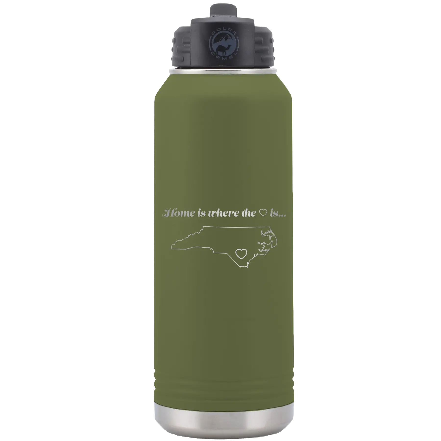 Laser etched olive green 32 oz vacuum insulated water bottle with 'North Carolina Heart' design