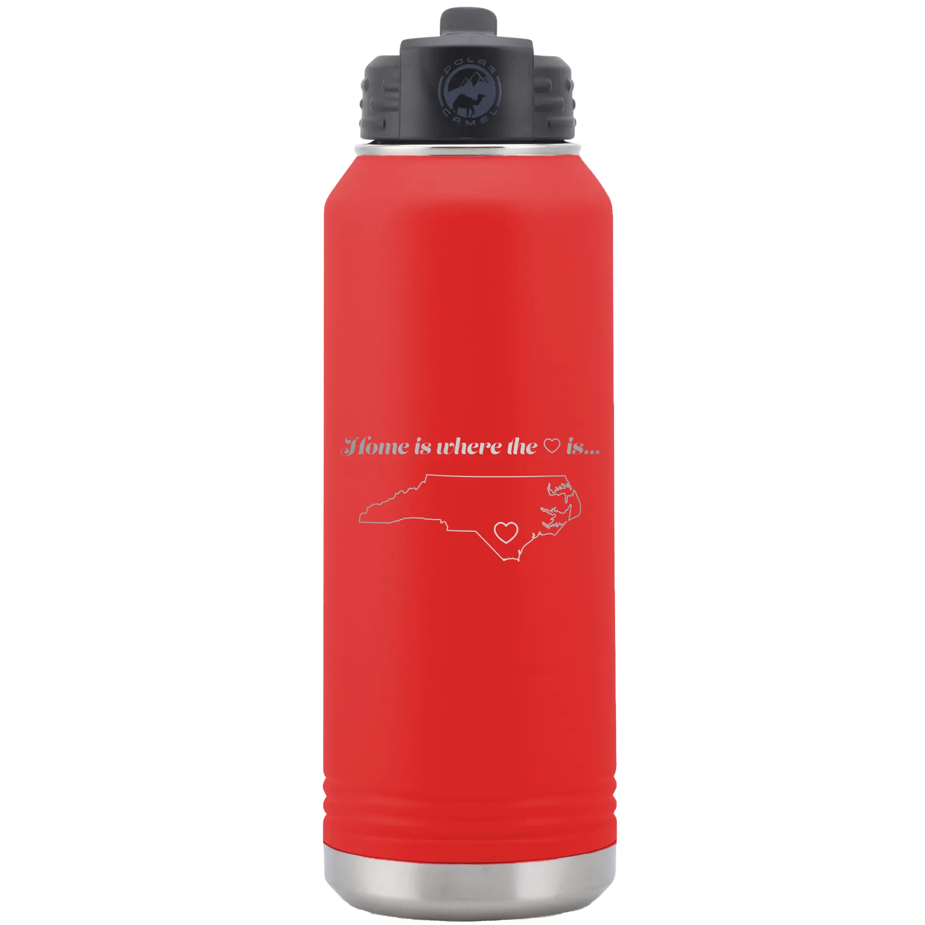 Laser etched red 32 oz vacuum insulated water bottle with 'North Carolina Heart' design