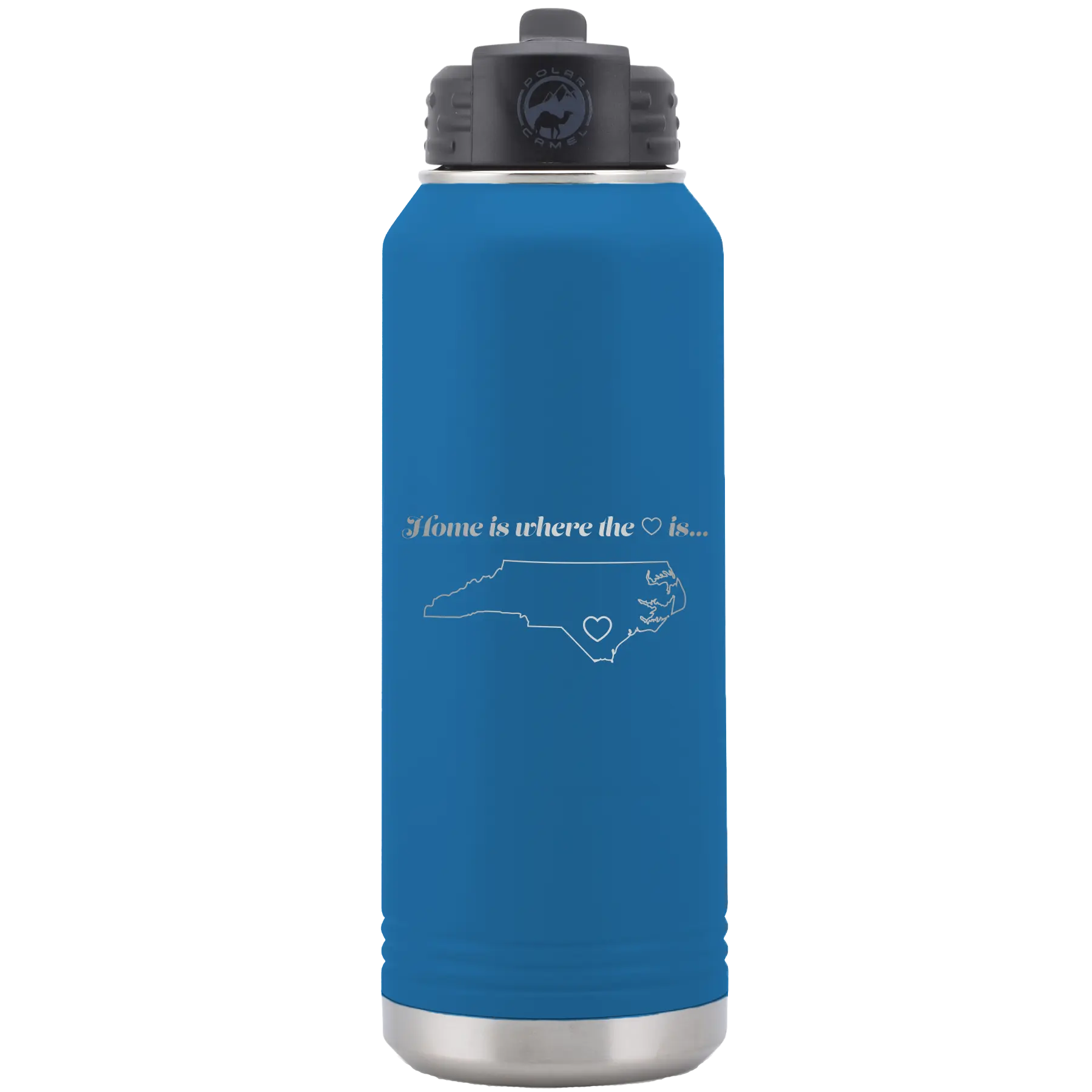 Laser etched royal blue 32 oz vacuum insulated water bottle with 'North Carolina Heart' design