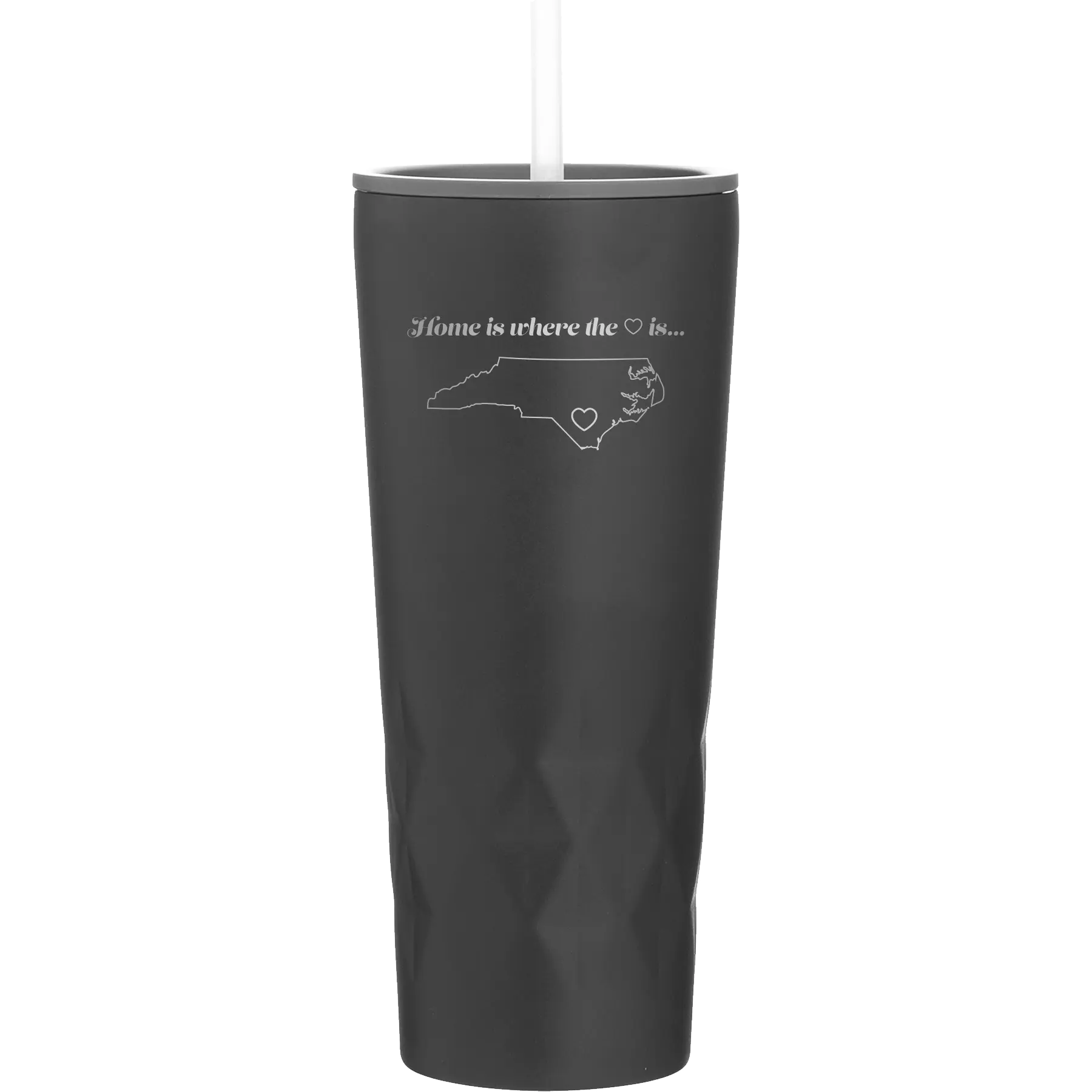Laser etched black 20 oz vacuum insulated tumbler with 'North Carolina Heart' design