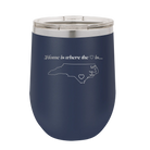Laser etched navy 12 oz vacuum insulated wine cup with 'North Carolina Heart' design