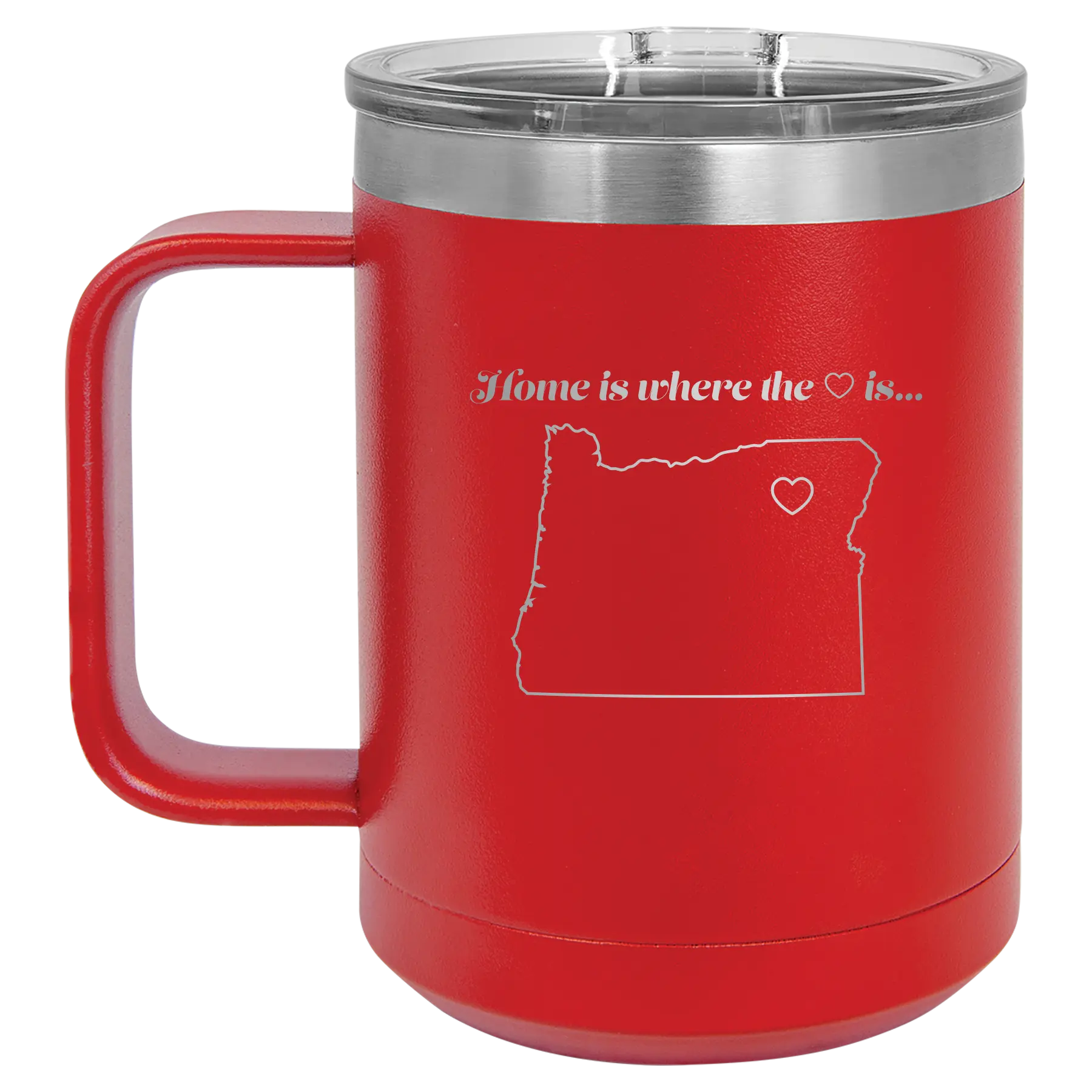 Laser etched red 15 oz vacuum insulated coffee mug with 'Oregon Heart' design