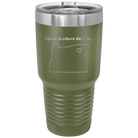 Laser etched olive green 30 oz vacuum insulated tumbler with 'Oregon Heart' design